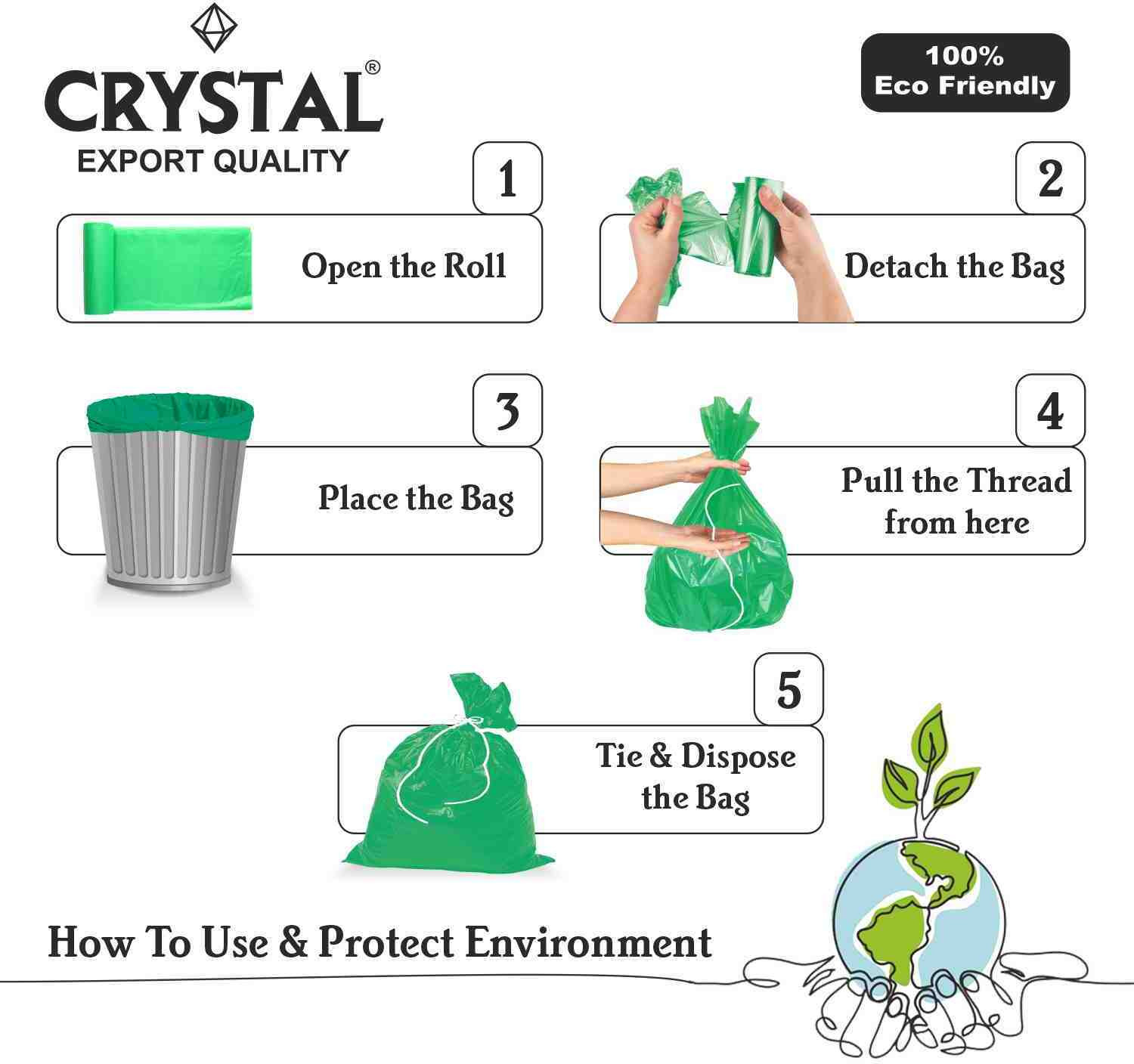 Image of CRYSTAL Biodegradable on Roll 19 x 21 Green - 30 Pcs x 6, Medium 25 L Garbage Bag Pack Of 180