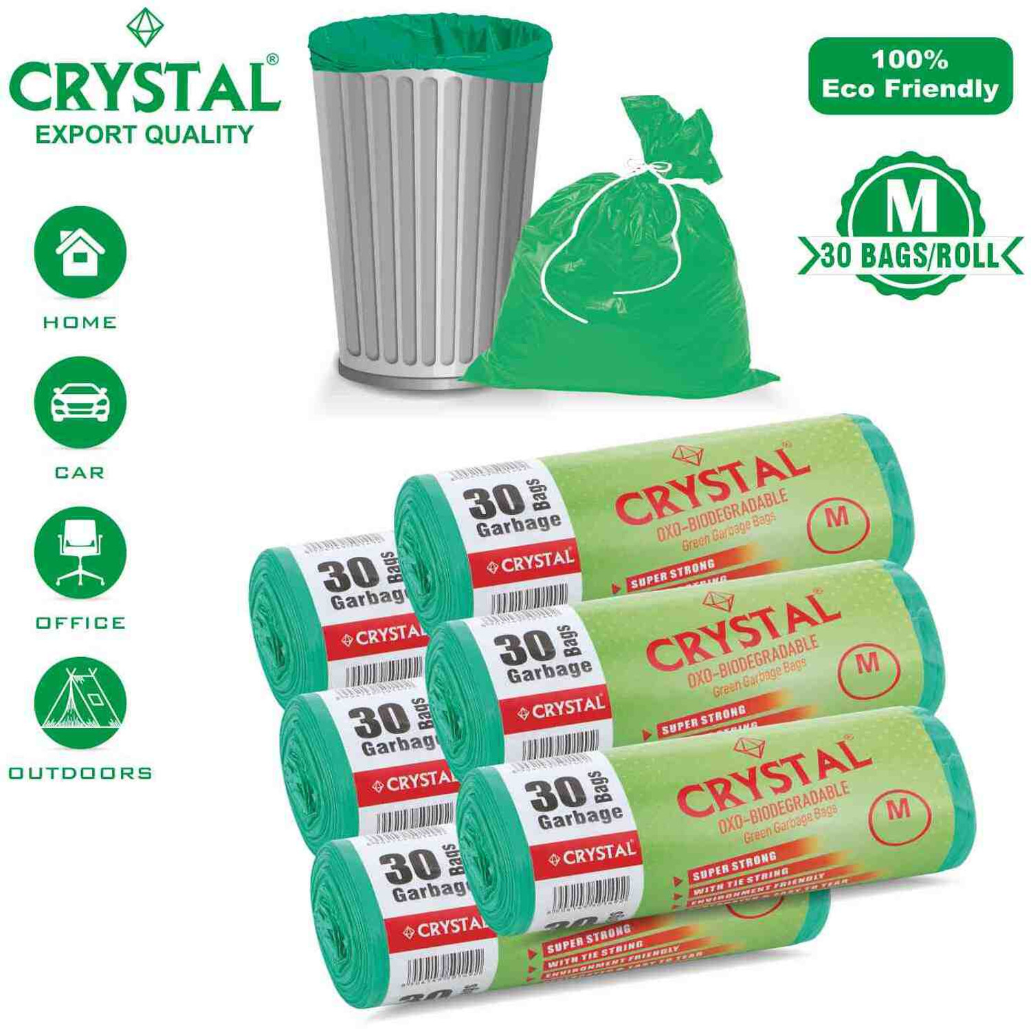 Image of CRYSTAL Biodegradable on Roll 19 x 21 Green - 30 Pcs x 6, Medium 25 L Garbage Bag Pack Of 180