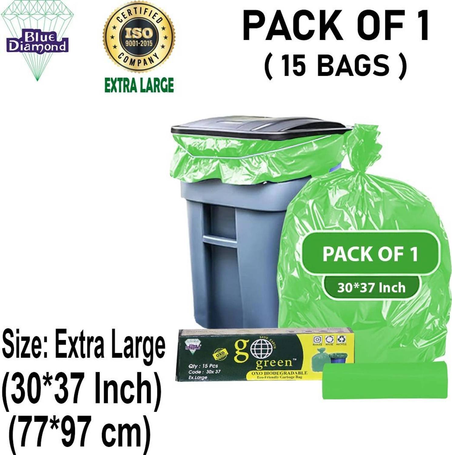 Blue Diamond Premium XL Green Trash Bags 30x37 Inch, Heavy-Duty & Leak-Resistant XL 80 L Garbage Bag  Pack Of 15