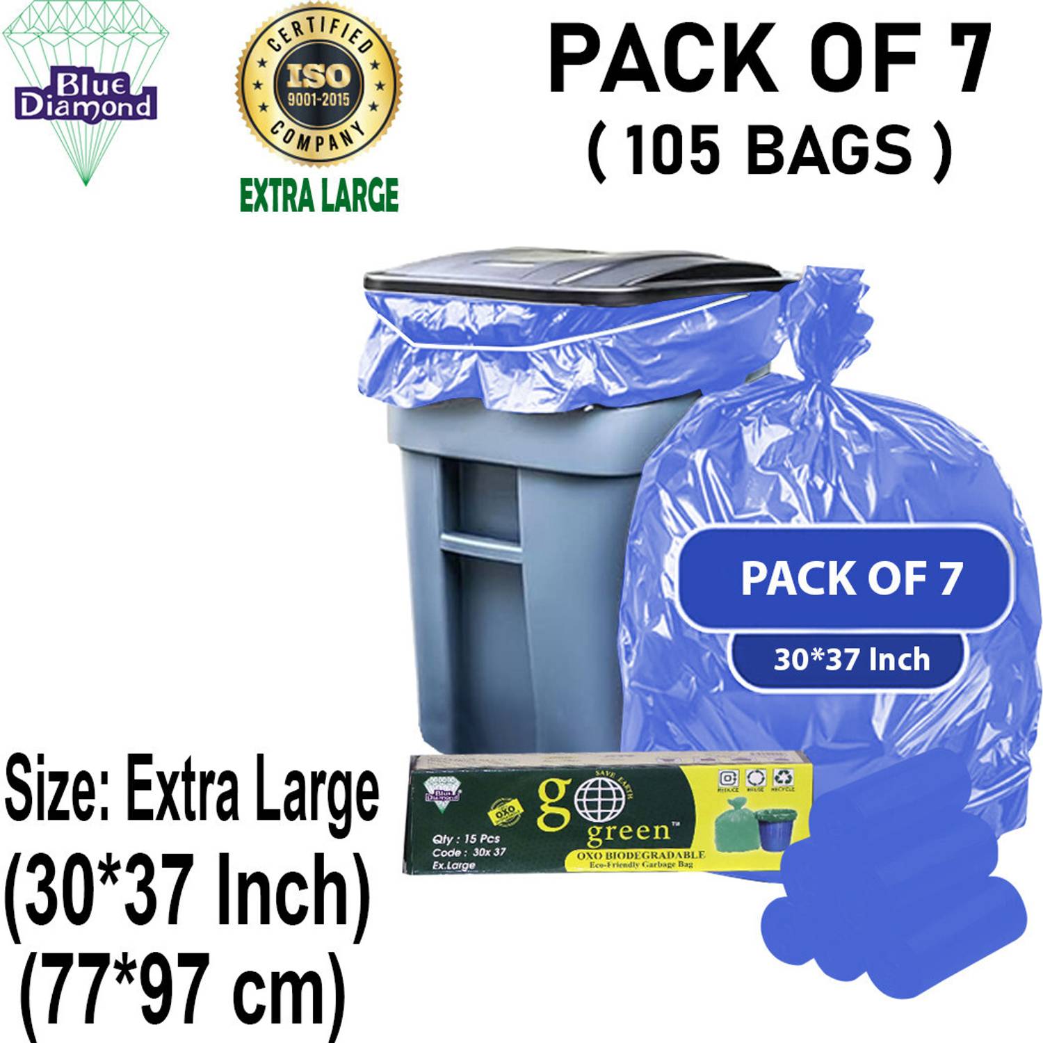 Blue Diamond XL Blue Trash Bags 30x37 Inch, Heavy-Duty & Leak-Resistant XL 80 L Garbage Bag  Pack Of 105