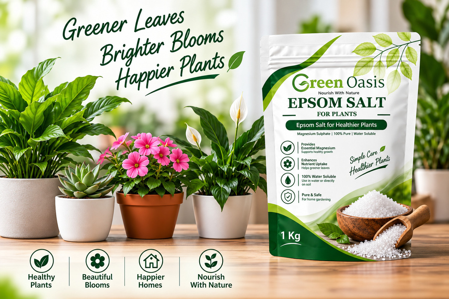 Image of Greenoasis Green Oasis Epsom Salt for Plants 1 Kg | Magnesium Sulphate Fertilizer Garden Mulch (Green 1 kg)