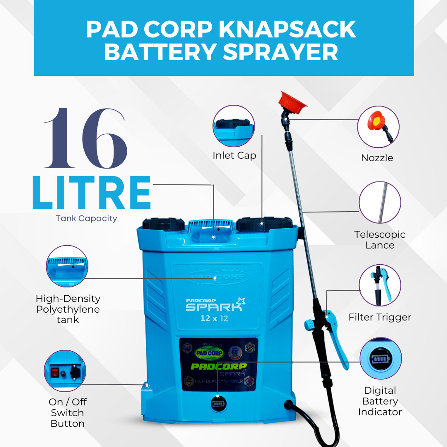 Image of pad corp SPARK 12VX12AH 16 LITER TANK 16 L Backpack Sprayer
