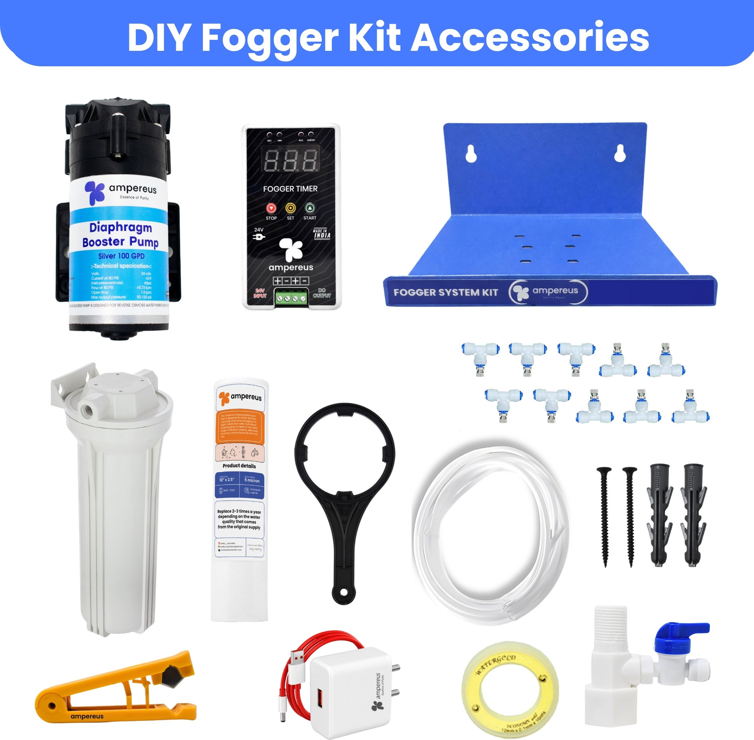 Image of AMPEREUS All-Weather Fogger Kit with 10 Nozzles for Dairy, Poultry Cooling (100GPD) 2.5 L Hand Held Sprayer
