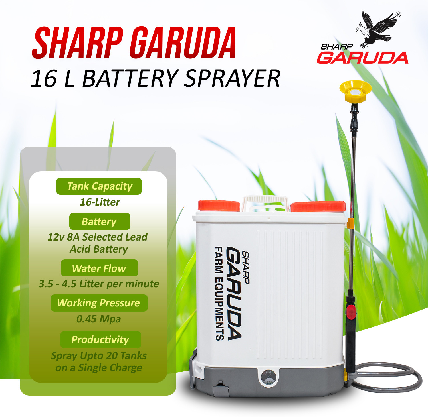 Image of Sharp Garuda Agriculture Battery Sprayer Machine Pump|Home Garden Plants Pesticide 16 L Backpack Sprayer