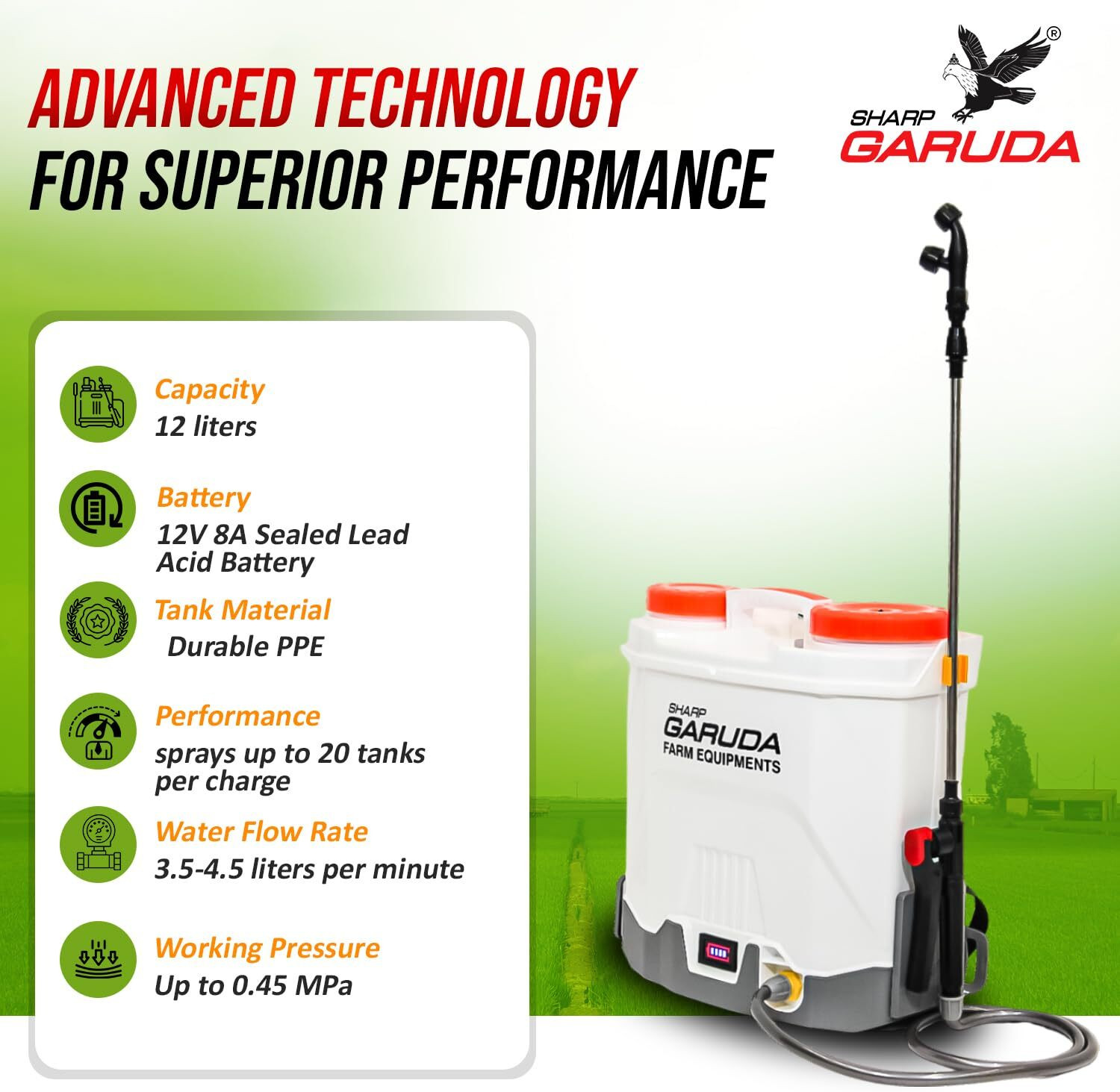 Image of Sharp Garuda Agriculture Battery Sprayer | Spray Machine | 12V 8Ah Knapsack Spray Pump 12 L Backpack Sprayer