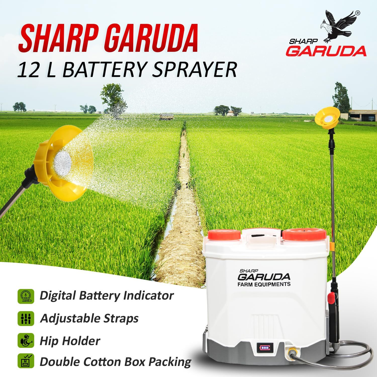 Image of Sharp Garuda Agriculture Battery Sprayer | Spray Machine | 12V 8Ah Knapsack Spray Pump 12 L Backpack Sprayer
