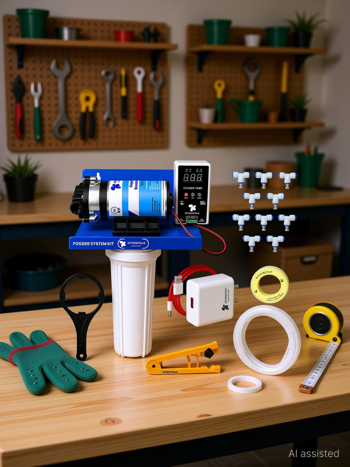Image of AMPEREUS All-Weather Fogger Kit with 10 Nozzles for Dairy, Poultry Cooling (100GPD) 2.5 L Hand Held Sprayer