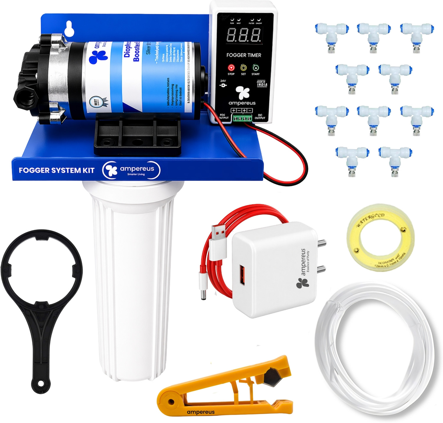 Image of AMPEREUS All-Weather Fogger Kit with 10 Nozzles for Dairy, Poultry Cooling (100GPD) 2.5 L Hand Held Sprayer