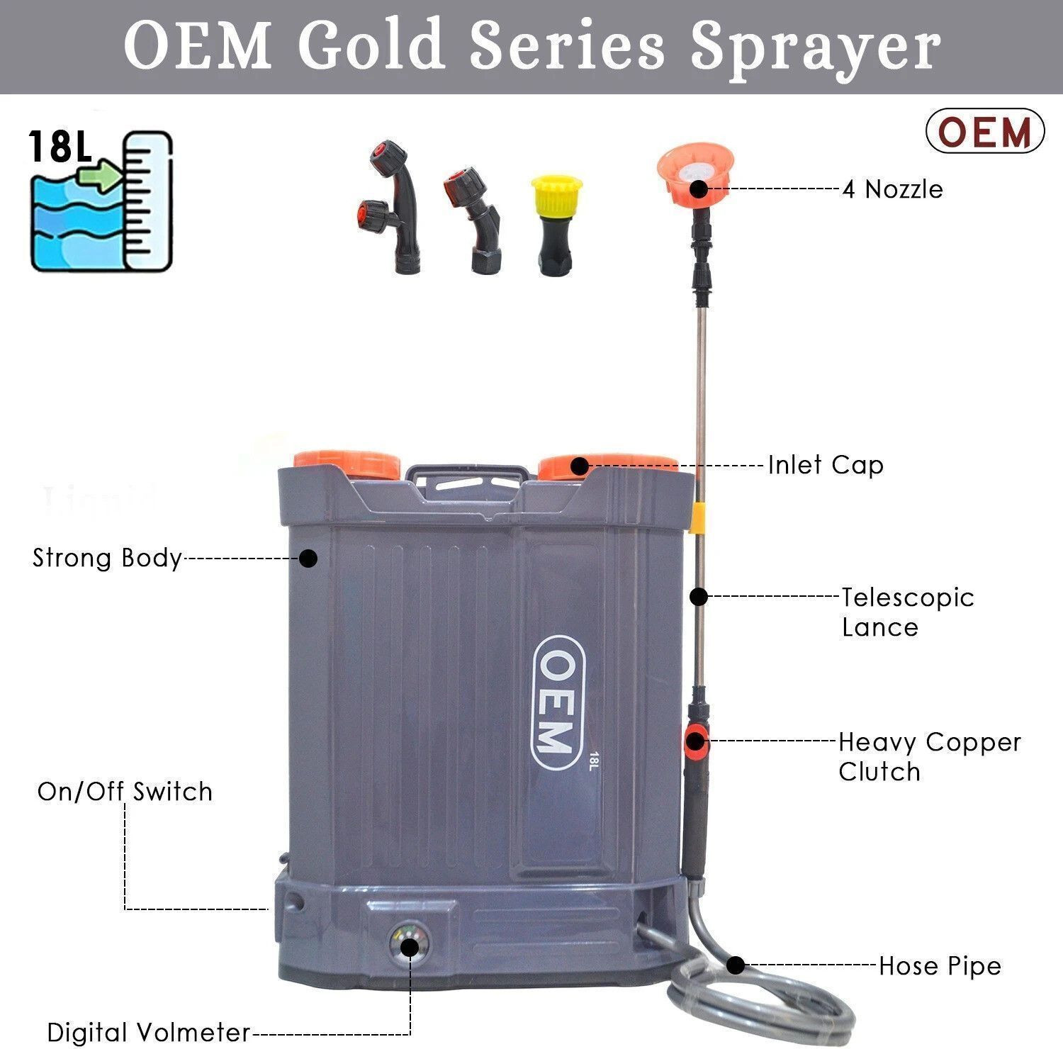 Image of OEM Knapsack Only Battery Sprayer, 12V10A Copper Motor, 4 Nozzles, Heavy Body Build 18 L Backpack Sprayer