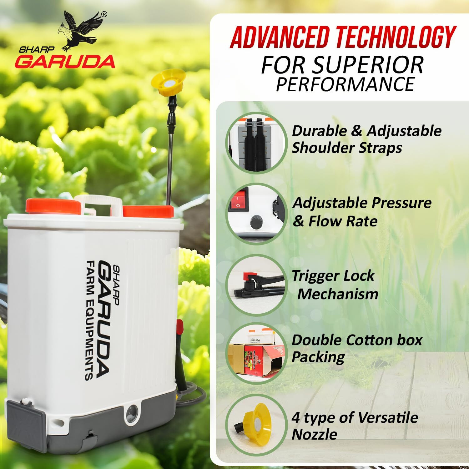 Image of Sharp Garuda 16L Battery Sprayer for Agriculture | 12V 8Ah Battery Knapsack Garden Spray Pump 16 L Backpack Sprayer (Pack of 1)