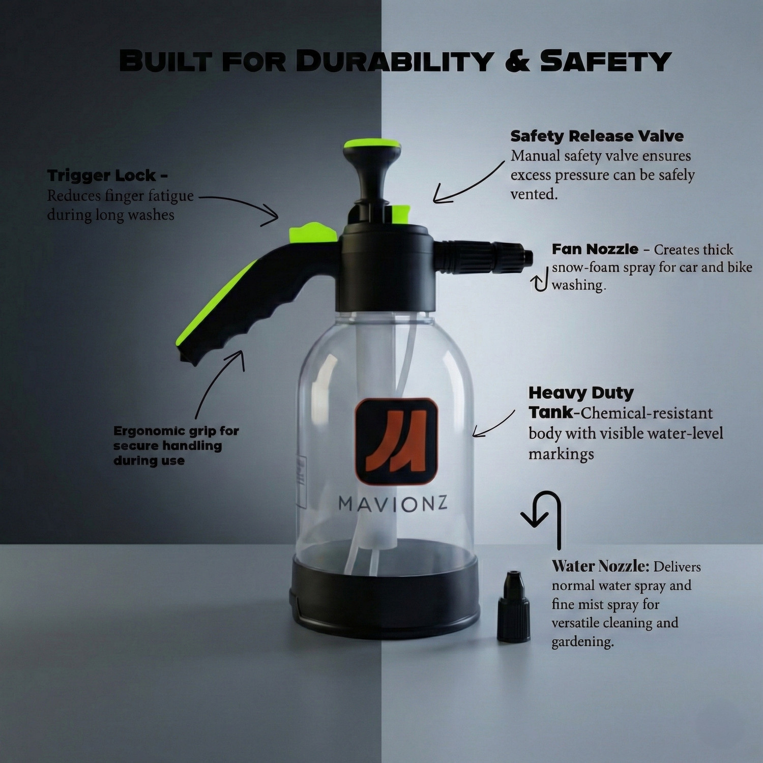 Image of MAVIONZ 2L Foam & Mist Pressure Sprayer | Dual Nozzle | Adjustable Spray | Manual Pump 2 L Hand Held Sprayer