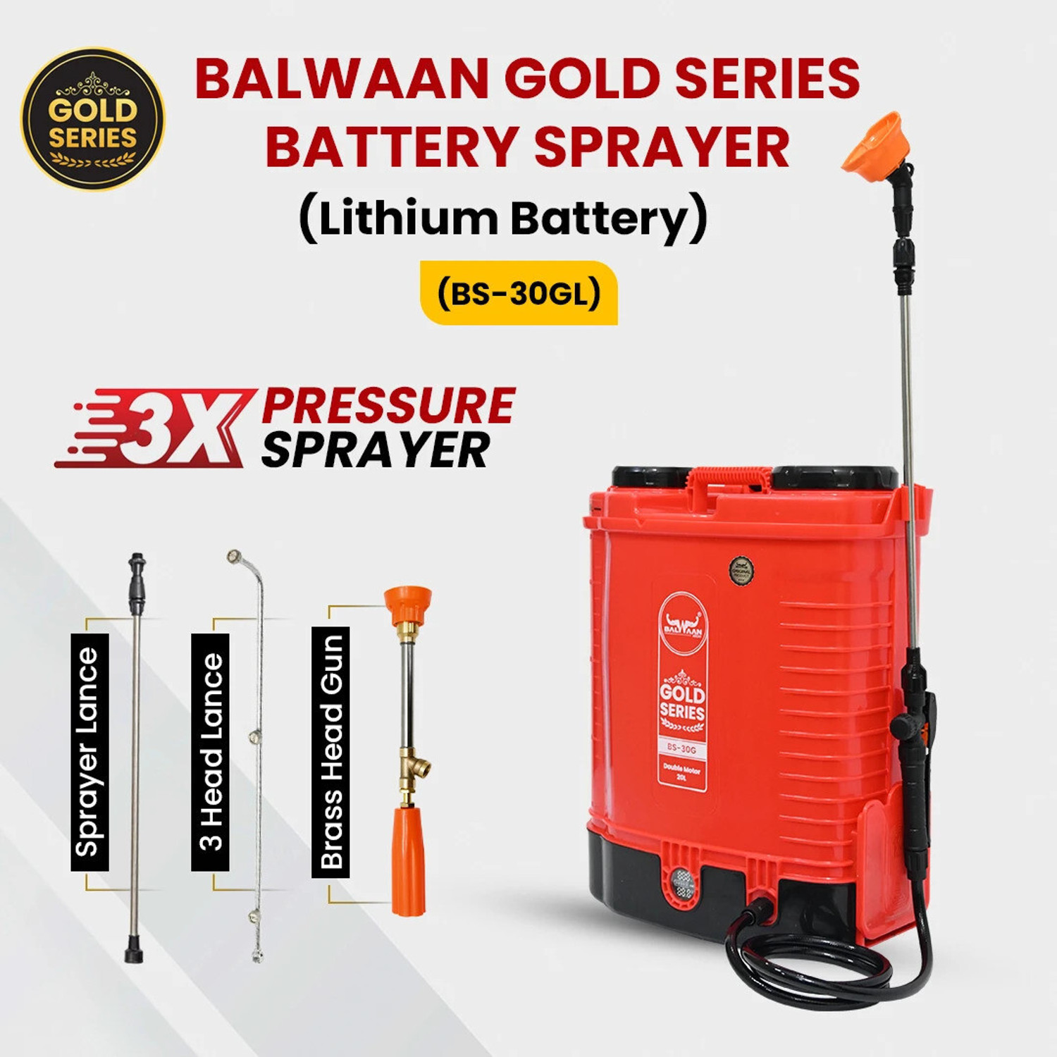 Image of Balwaan Krishi Gold Series Battery Sprayer BS-30GL | Agriculture Sprayer 12Vx 12A Double Motor 20 L Backpack Sprayer
