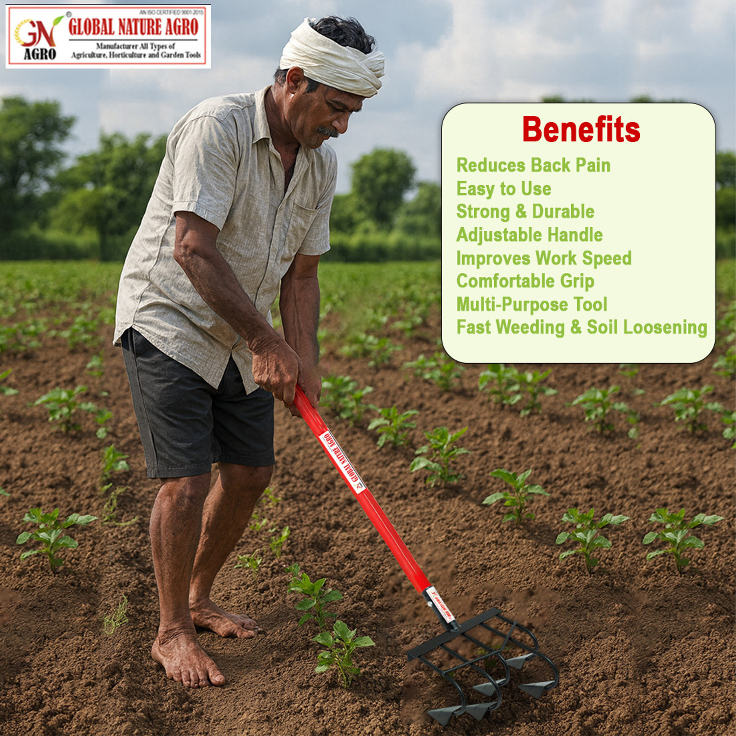 Image of Global Nature Agro Heavy Duty 5-Tine Agriculture Manual Cultivator -9 Inch Garden Tool Kit