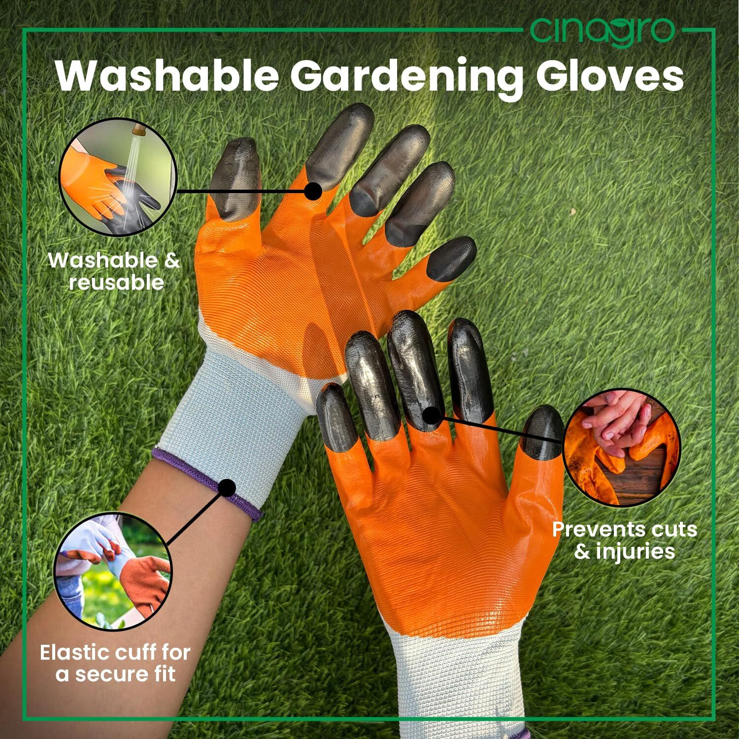 Image of Cinagro Trowel, cultivator, transplanter, weeder, fork, pruner, scissor, & gloves CIN-GTK-SPH-P8-ORG Garden Tool Kit