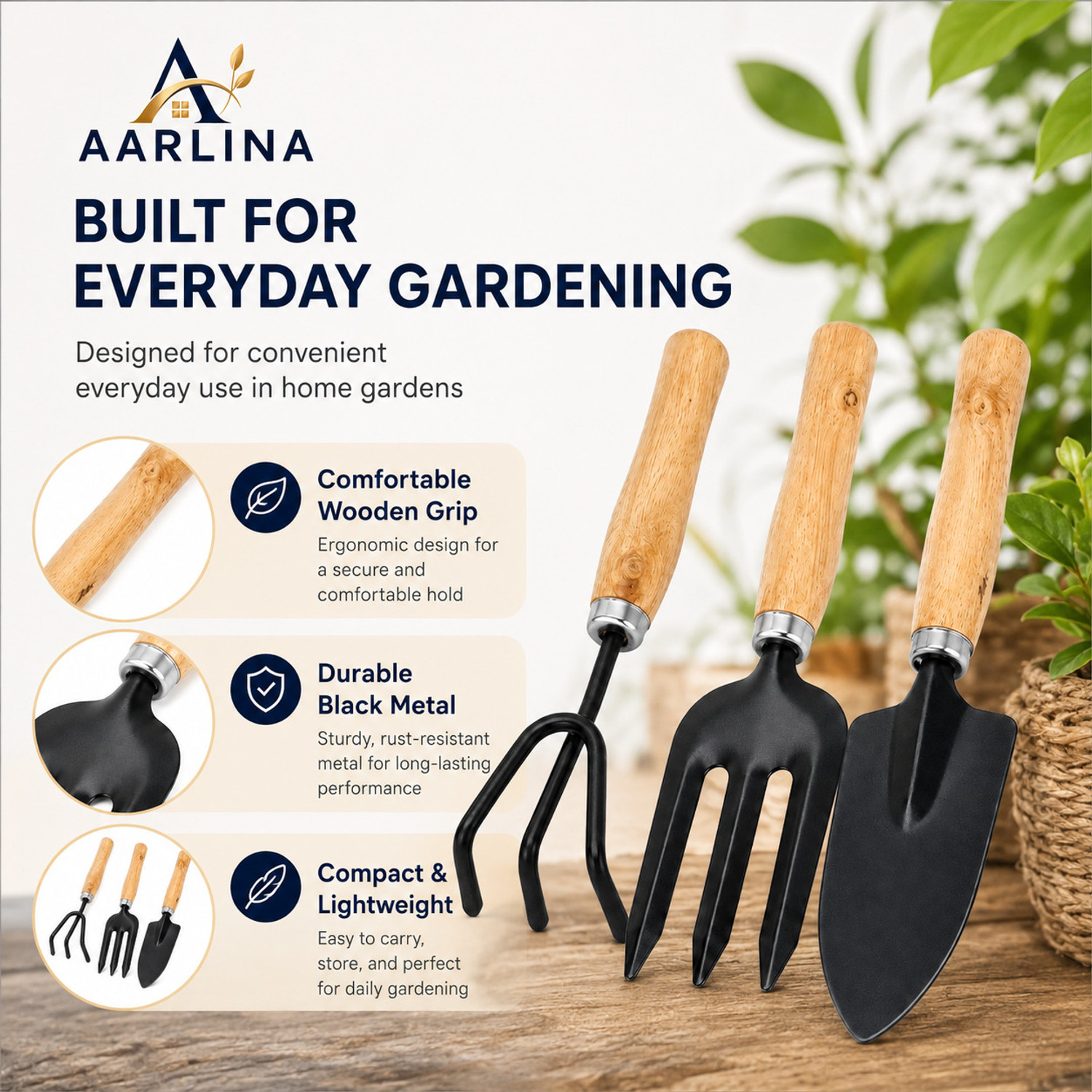 Image of TWENOZ 3 PC GARDENING TOOLS WOODEN HANDLE Garden Tool Kit