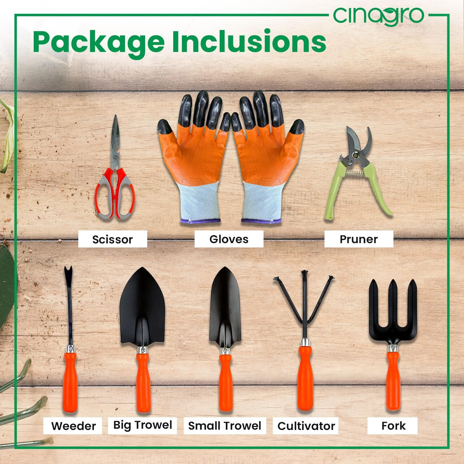 Image of Cinagro Trowel, cultivator, transplanter, weeder, fork, pruner, scissor, & gloves CIN-GTK-SPH-P8-ORG Garden Tool Kit