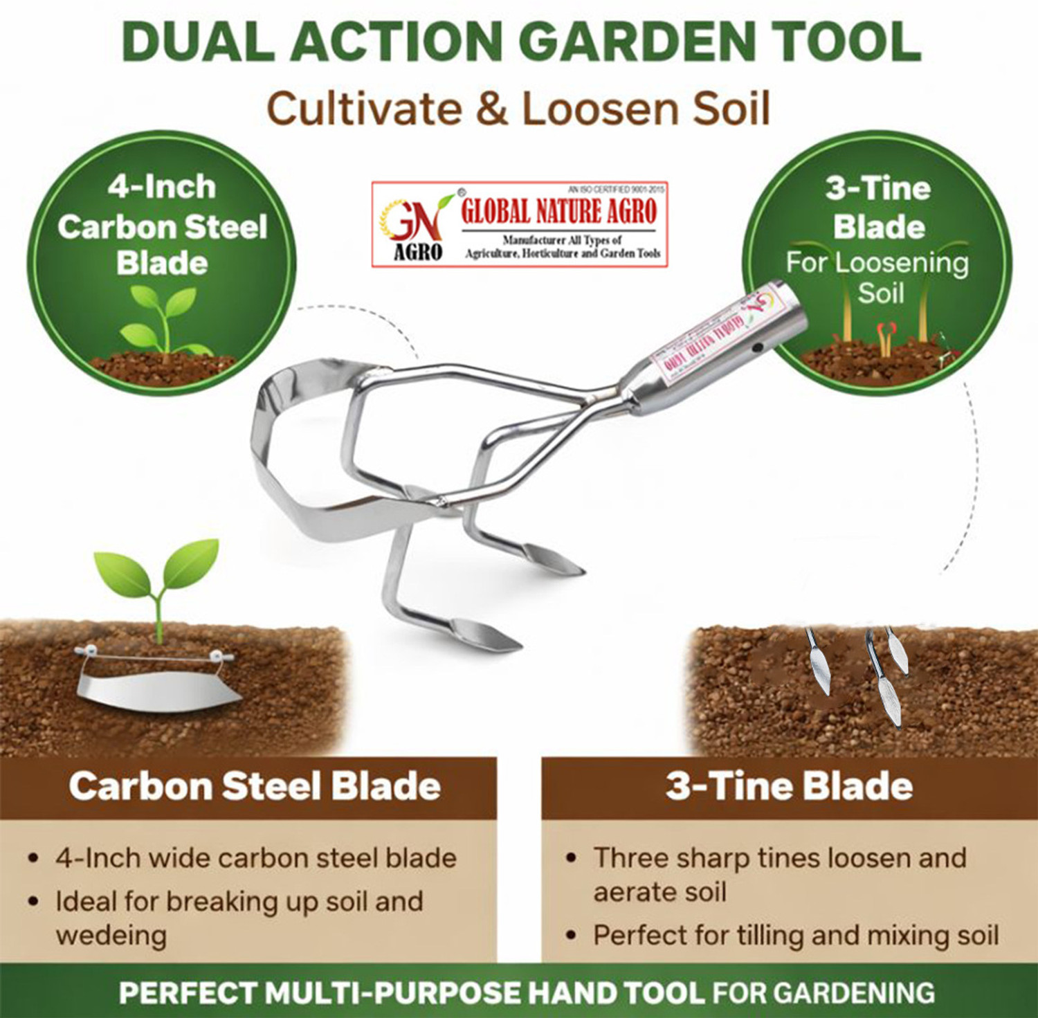 Image of Global Nature Agro 3 Tine Hand Cultivator Heavy Duty Steel Gardening tools for Weeding Garden Tool Kit