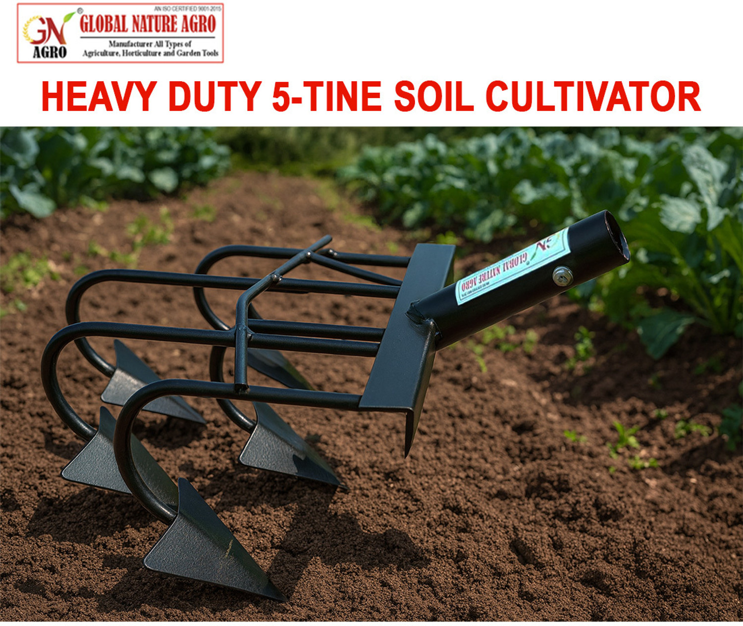 Image of Global Nature Agro Heavy Duty 5-Tine Agriculture Manual Cultivator -9 Inch Garden Tool Kit