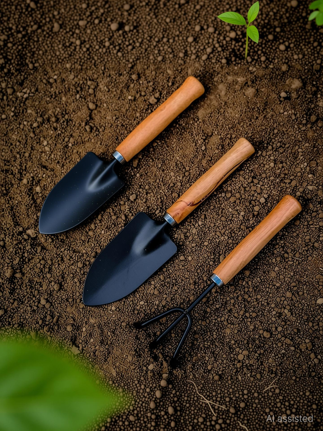 Image of DeoDap Garden Tool Set | Garden Tools Wooden Handle | Gardening Tools Kit( Hand Cultivator, Big Trowel, Garden Fork) 03 Garden Tool Kit