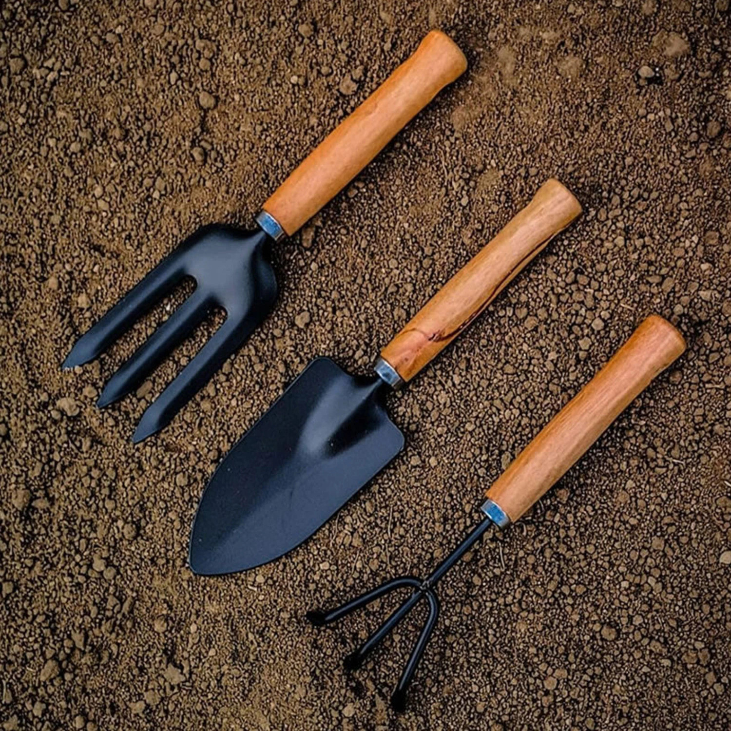Image of DeoDap Garden Tool Set | Garden Tools Wooden Handle | Gardening Tools Kit( Hand Cultivator, Big Trowel, Garden Fork) 03 Garden Tool Kit