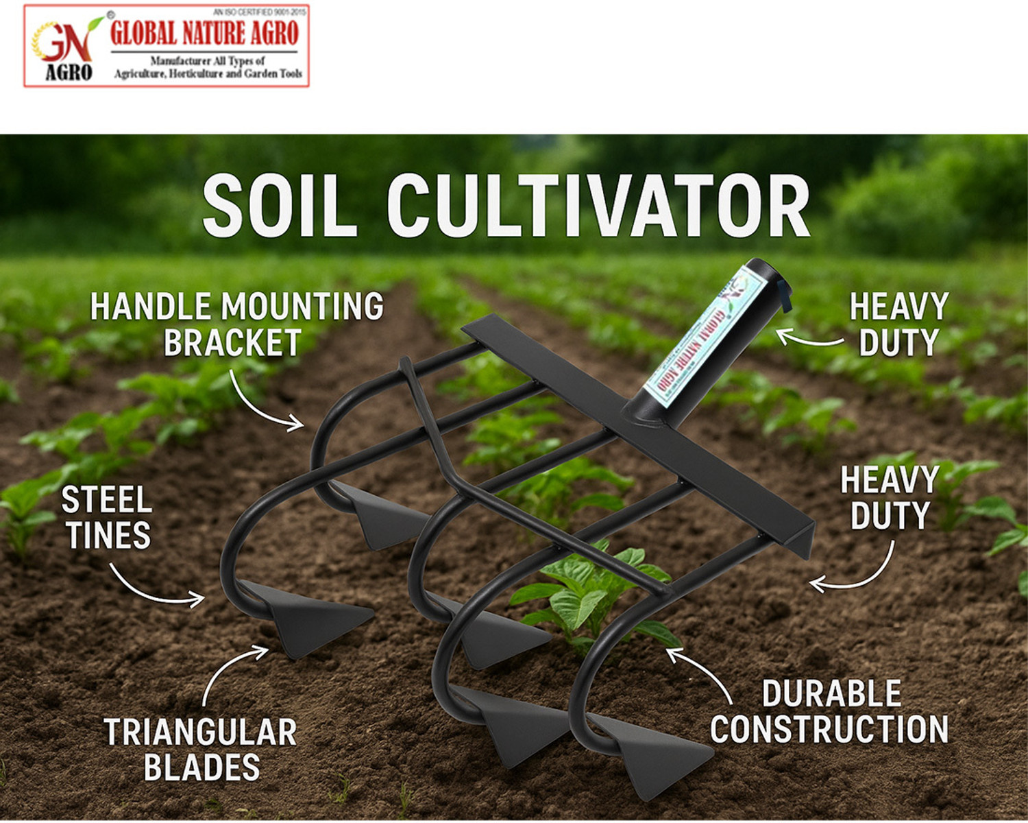 Image of Global Nature Agro Heavy Duty 5-Tine Agriculture Manual Cultivator -9 Inch Garden Tool Kit