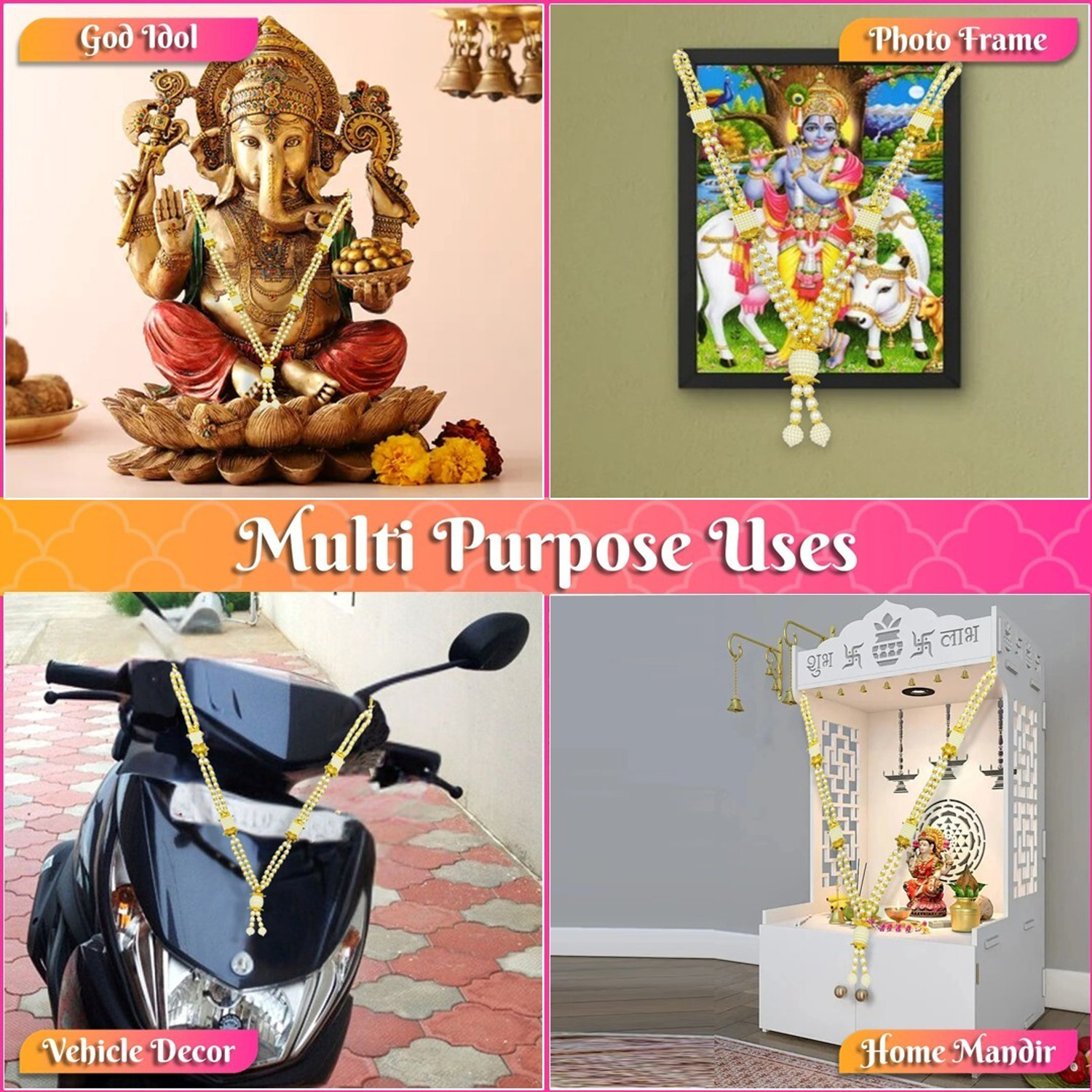 Image of Bhakti Lehar ( 16 Inch ) Golden & White Pearl Moti Mala Garland for Photo Frame and God Idol Artificial Pearl Moti Garland