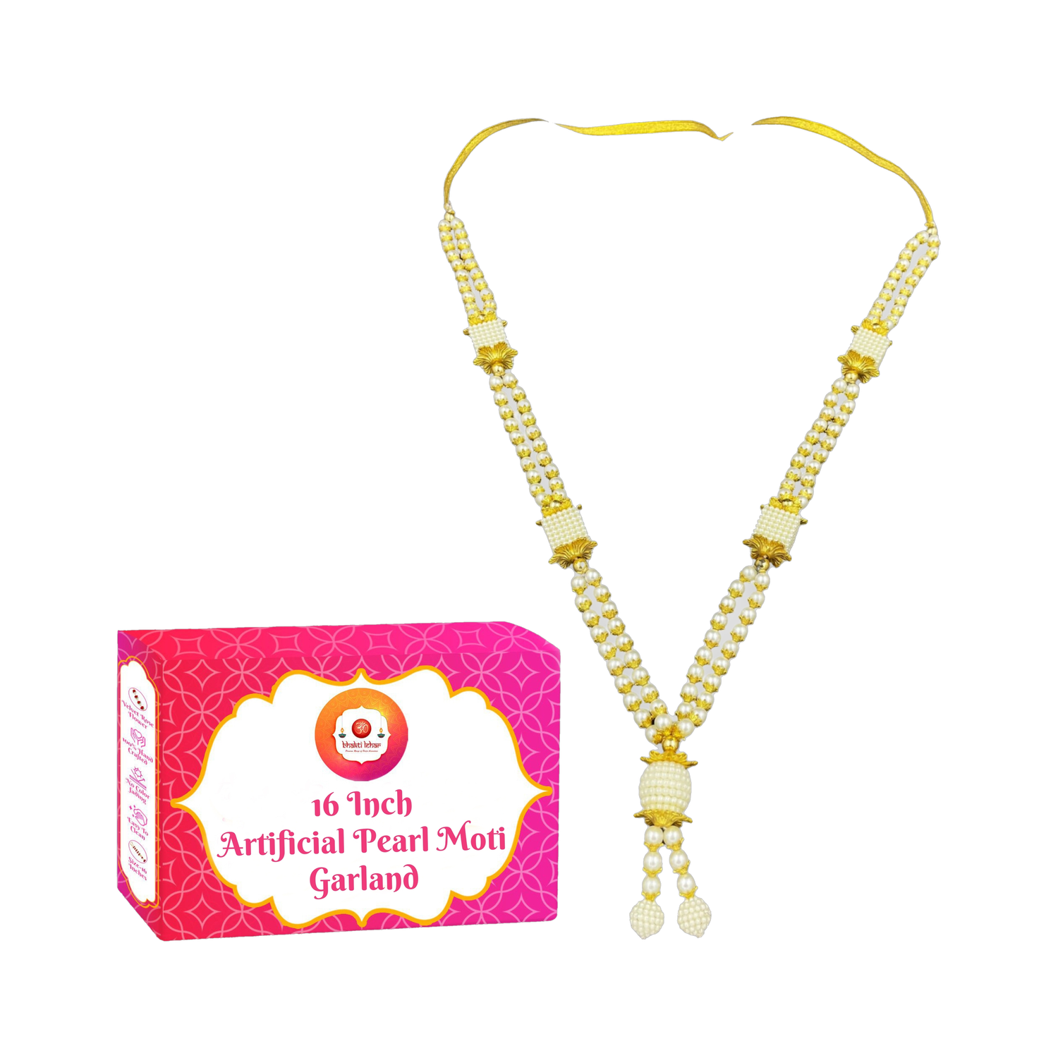Image of Bhakti Lehar ( 16 Inch ) Golden & White Pearl Moti Mala Garland for Photo Frame and God Idol Artificial Pearl Moti Garland