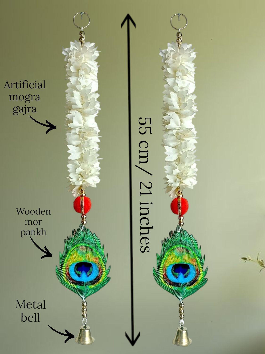 Image of Triolio Artificial Mogra /Jasmine gajra flower garland, Peacock feather design, metal bell Garland