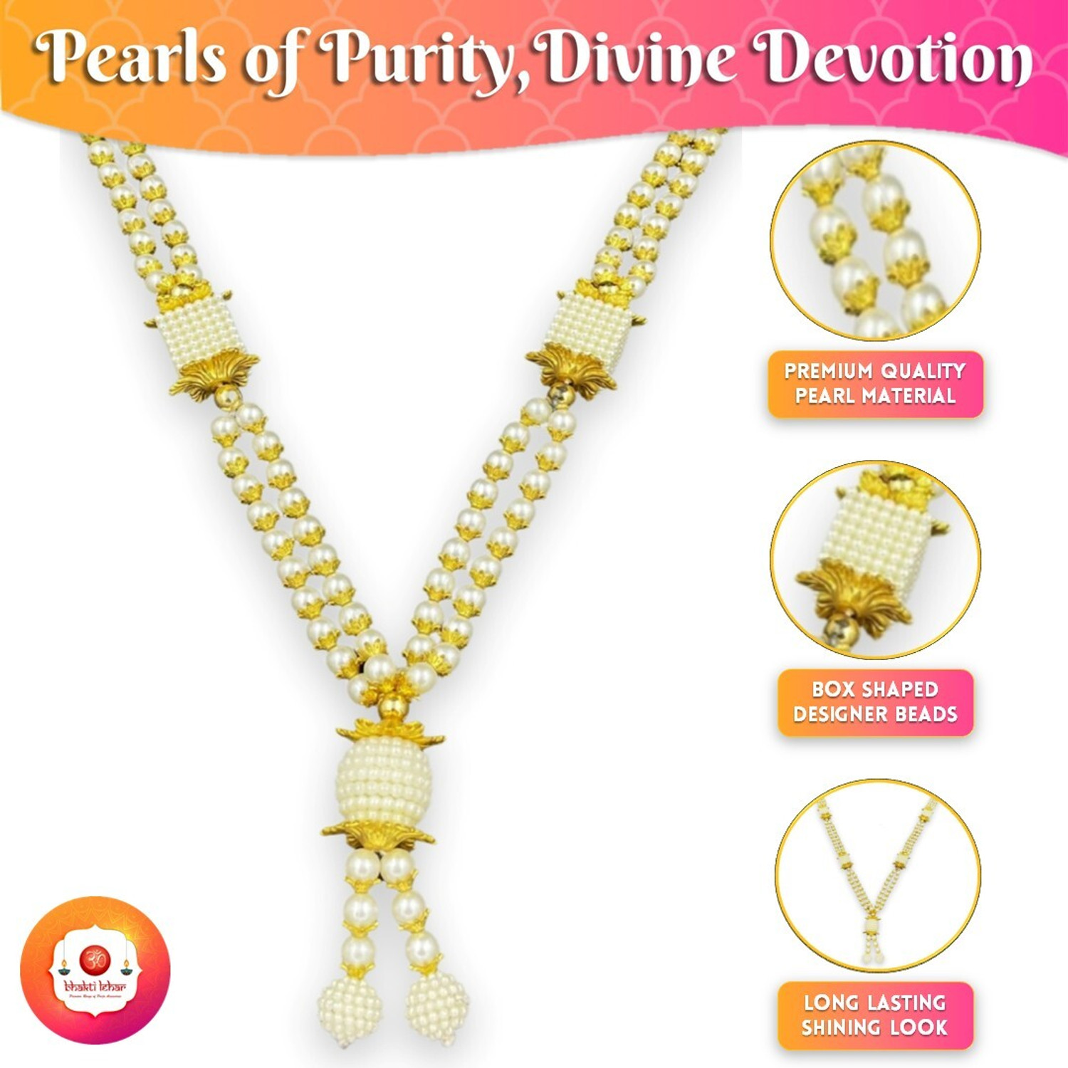 Image of Bhakti Lehar ( 16 Inch ) Golden & White Pearl Moti Mala Garland for Photo Frame and God Idol Artificial Pearl Moti Garland