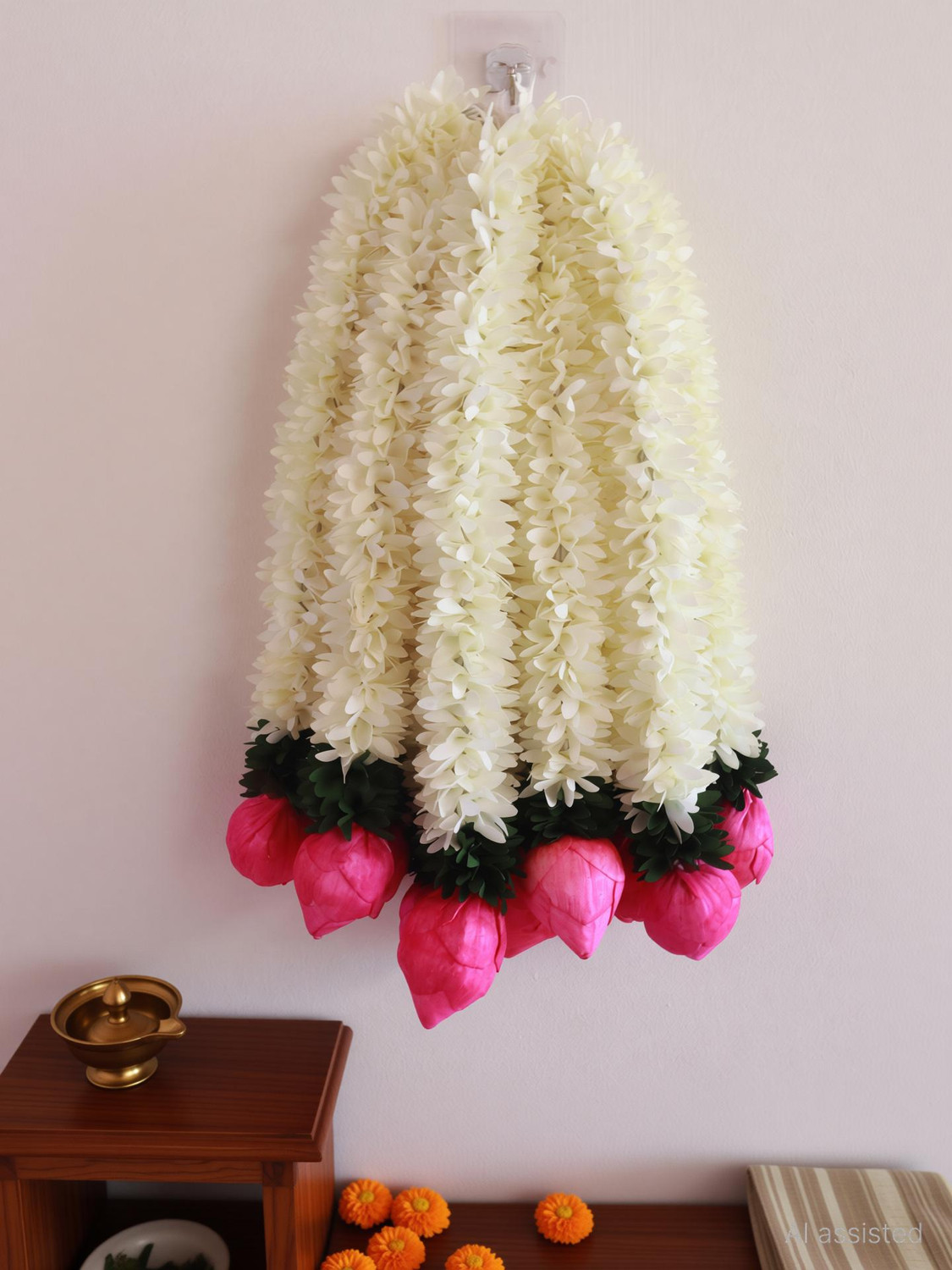 Image of Triolio Artificial Mogra /Jasmine gajra flower garland pink Lotusbuds|14inch|pack of 6 Fabric /Cloth Garland