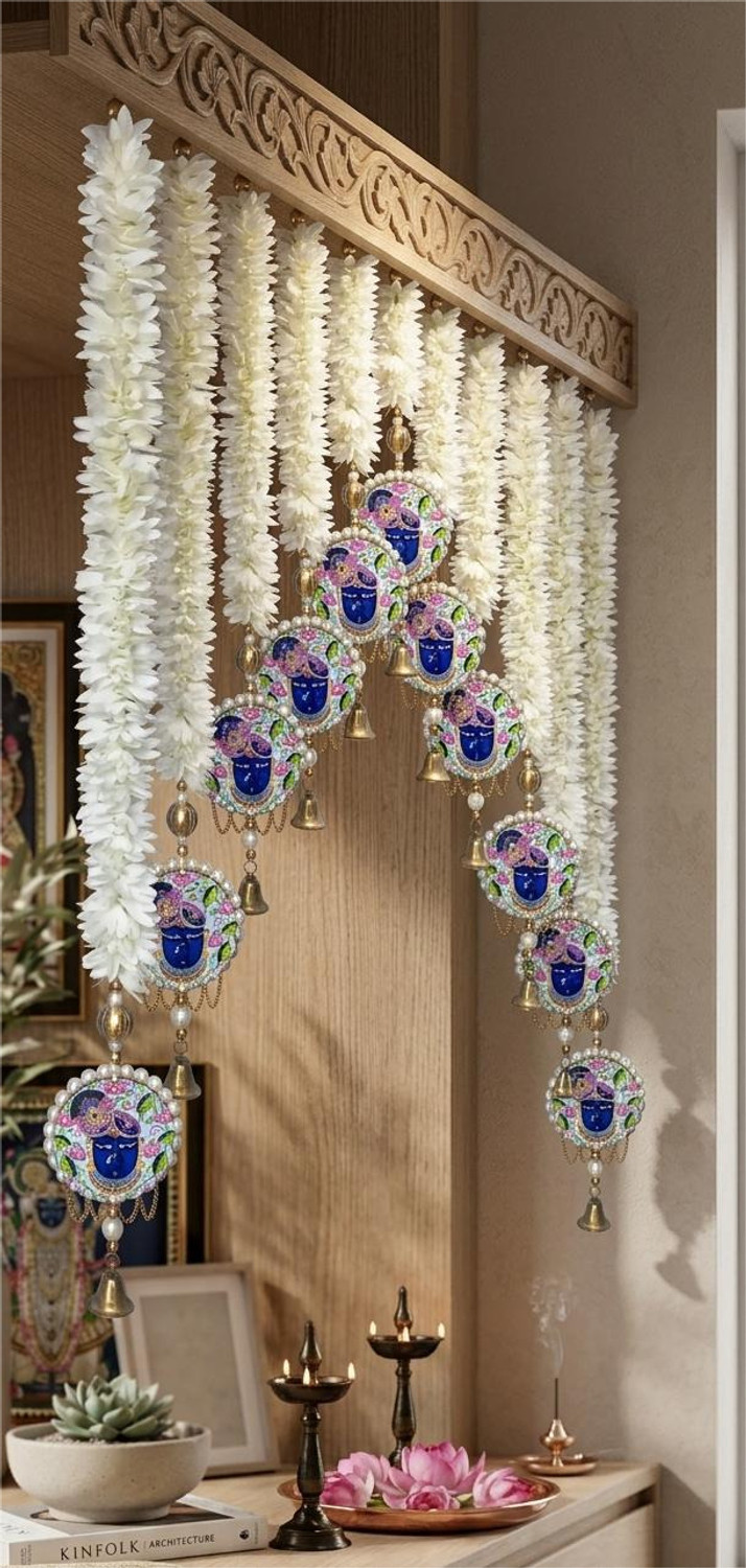 Image of Triolio Artificial Mogra /Jasmine gajra flower garland SHRINATHJI| 27 inch| Artificial Mogra /Jasmine gajra flower garland, SHRINATHJI with metal well Garland