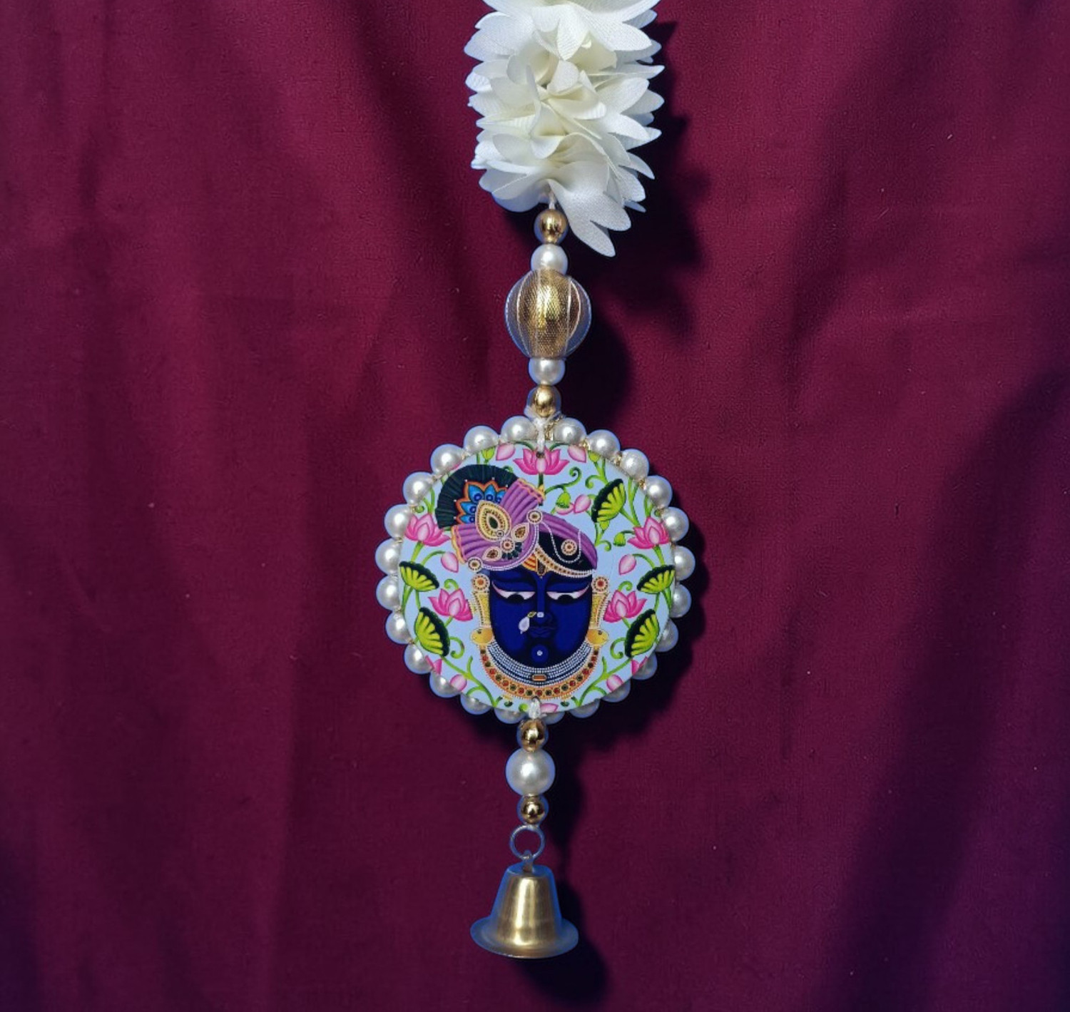 Image of Triolio Artificial Mogra /Jasmine gajra flower garland SHRINATHJI| 27 inch| Artificial Mogra /Jasmine gajra flower garland, SHRINATHJI with metal well Garland
