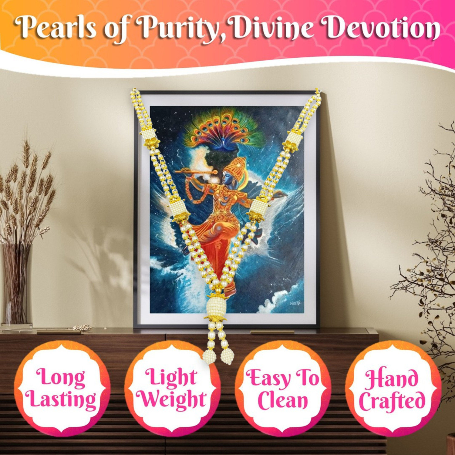 Image of Bhakti Lehar ( 16 Inch ) Golden & White Pearl Moti Mala Garland for Photo Frame and God Idol Artificial Pearl Moti Garland