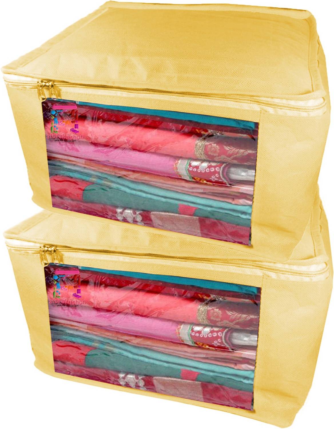 atorakushon new and modern stylish dresses covers Non Woven Saree wardrobe orgniser, cover / Wedding Gift, Regular Clothes Bag, Vanity pouch, Set Of 2 (creem) at big Non woven saree 2pcs Creem