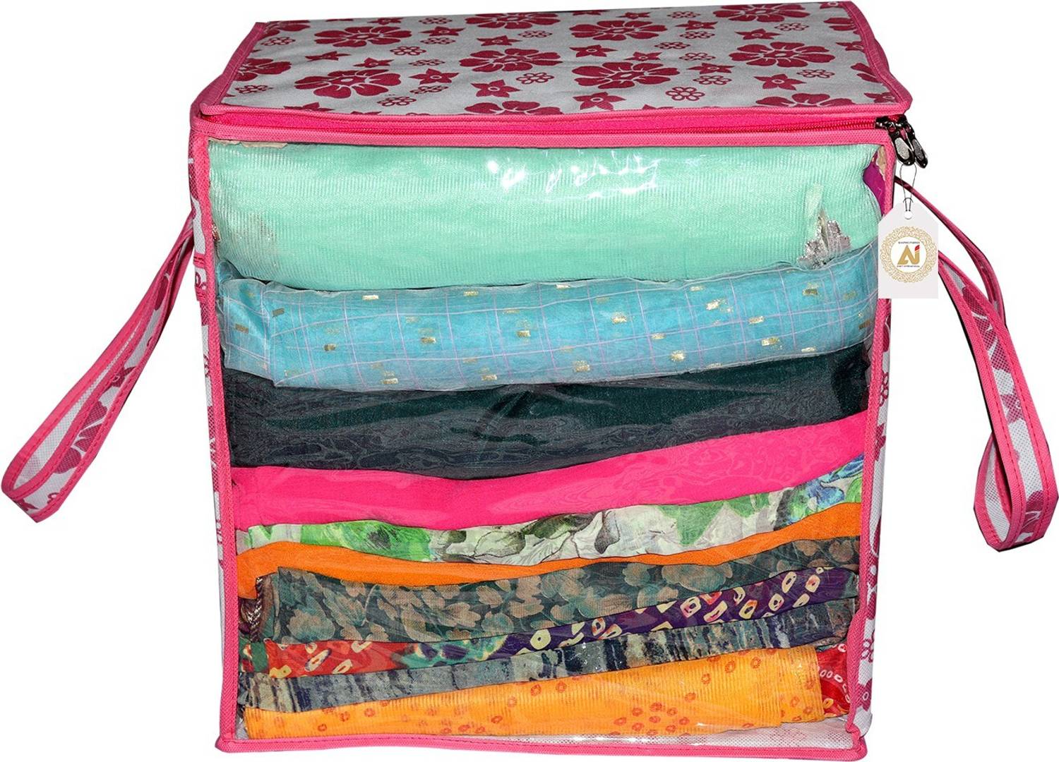 Ankit International AI_Pink Flower Box_001 XL Saree Cover/sari organizer with handles and transparent front (15 * 12 * 15 In),(Pack of 1), Pink Flower AI_Pink Flower Box_001