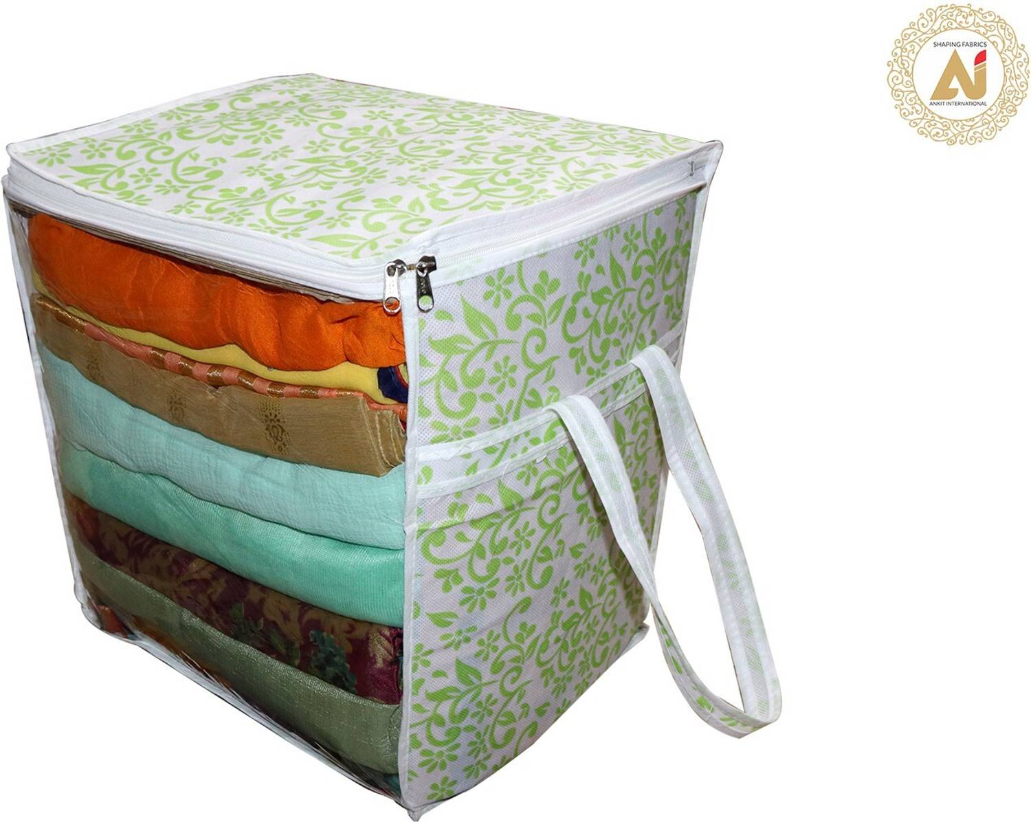 Ankit International G Patti_Box_AI_01 Green Patti Print 1 PeiceNon Woven Fabric Saree Cover/ Clothes Organiser For Wardrobe Set with Transparent Window, Extra Large, G Patti_Box_AI_01