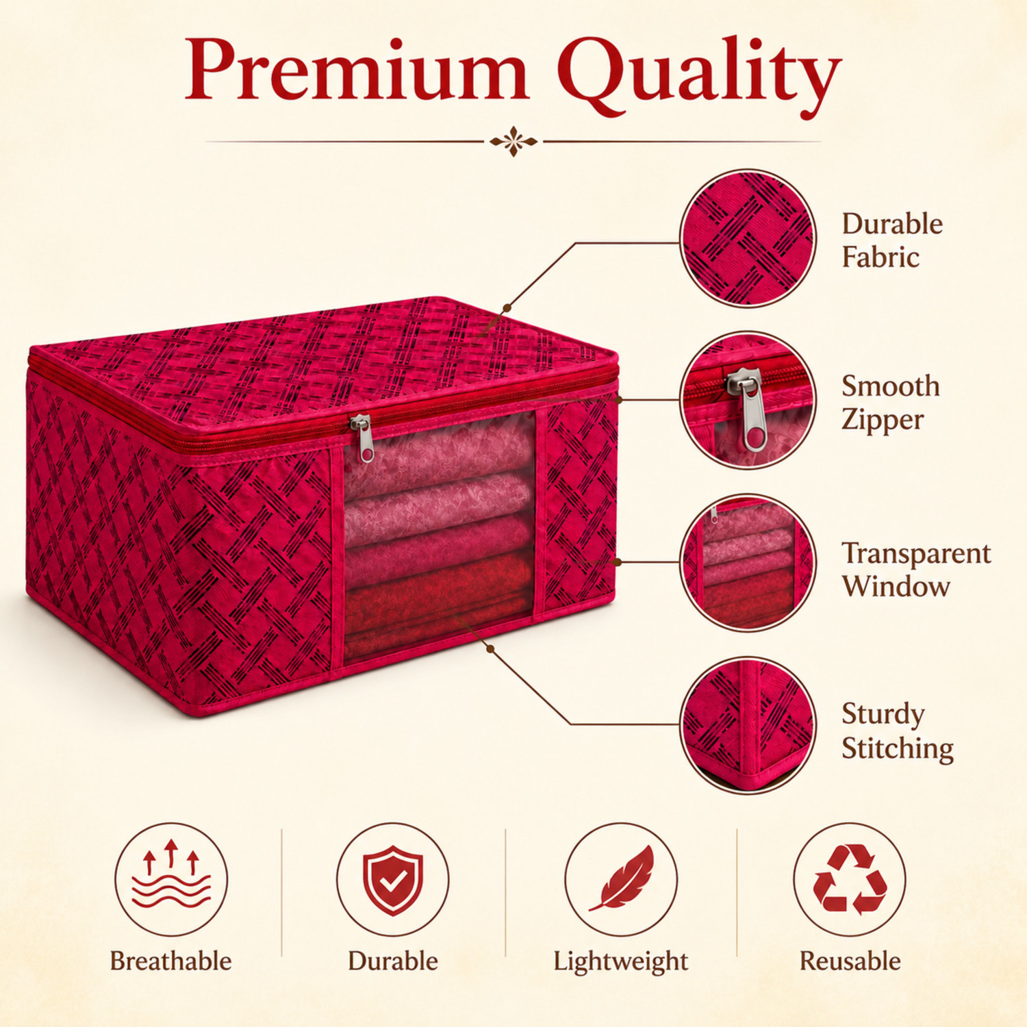 Image of STORAZE Luxe Home Storage Solution Series RoyalWeave Premium Saree Storage Organizer Box CLOTH COVER PACK OF 10 (Red)