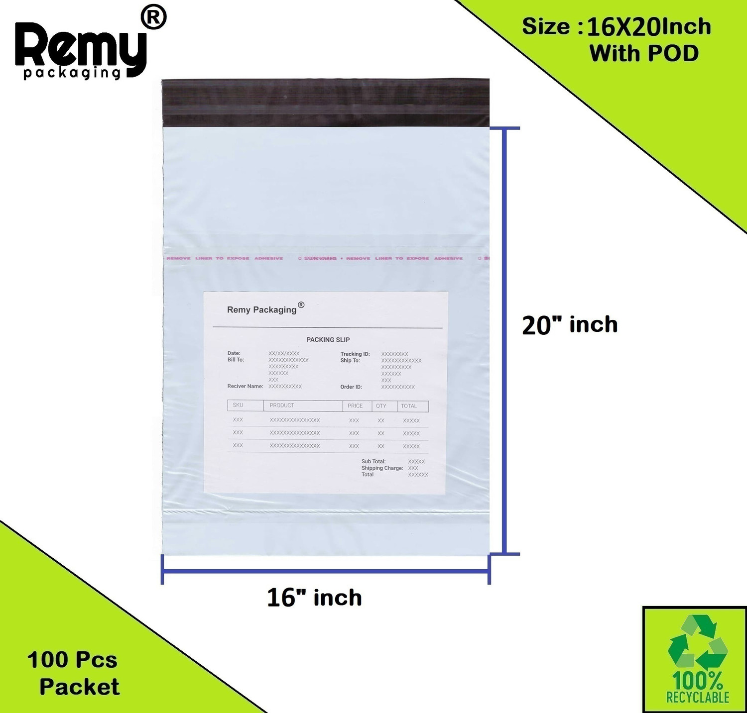 Image of REMY PACKAGING 16X20 INCH Tamper Proof Courier Bags With POD JACKET Envelopes Pouches Cover Polybags for Shipping Packing Mailing 55 MICRON 100 PCS Packet