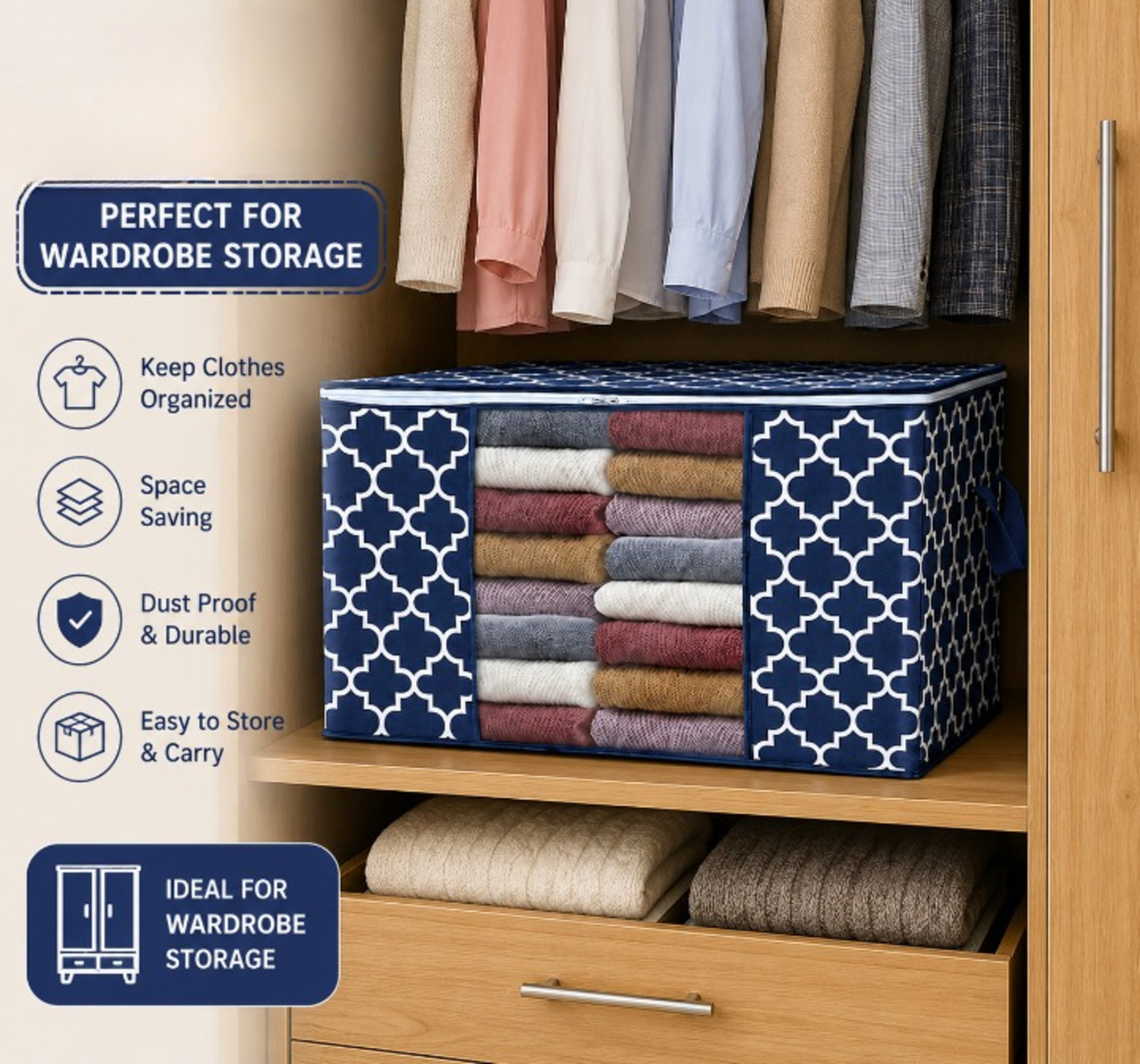 Image of STORAZE Smart Home Storage Organizer Series Heavy-Duty Clothes Storage Box 2 CLOTH COVER PACK OF2 (Blue)