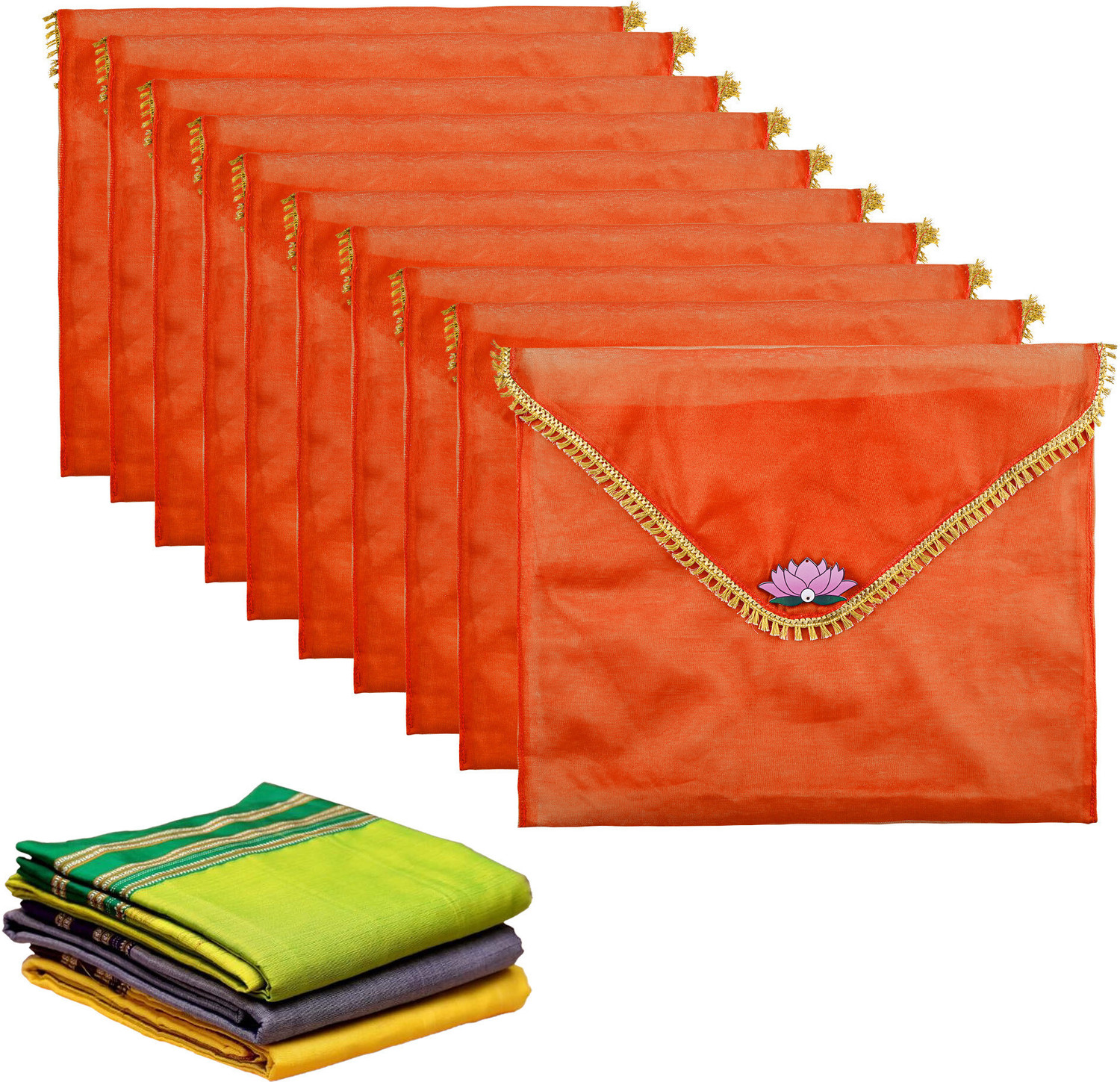Image of KUBER INDUSTRIES Garment Covers 10 Pcs Organza Saree Covers for Gifting with Flap Closure | Golden Lace - Orange 112KM43564