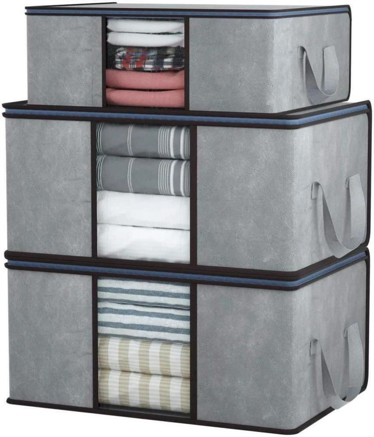 Image of uhi Combo of 3 Underbed Storage Bag With Side Handles Organizer Blanket Cover with a large Transparent Window Storage Organizer / Blanket Storage Bag for Wardrobe