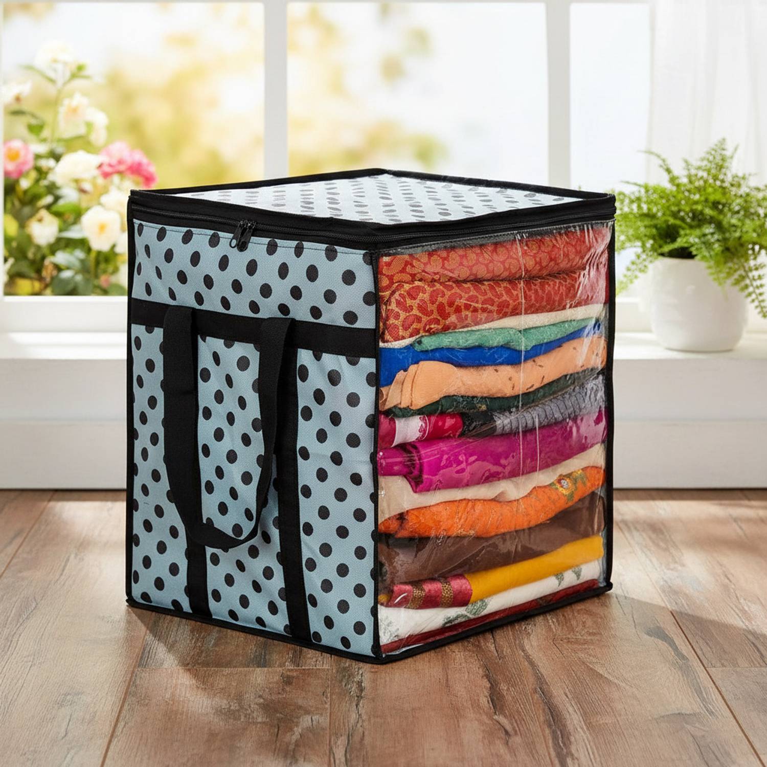 AARON INC Polka Dot Non-Woven Saree Cover Organizer – 90 GSM Fabric, Transparent Front Window, Double Zipper & Sturdy Handles | Foldable Cloth Storage Box for Wardrobe (50L, Pack of 1) SFXL7773359842803