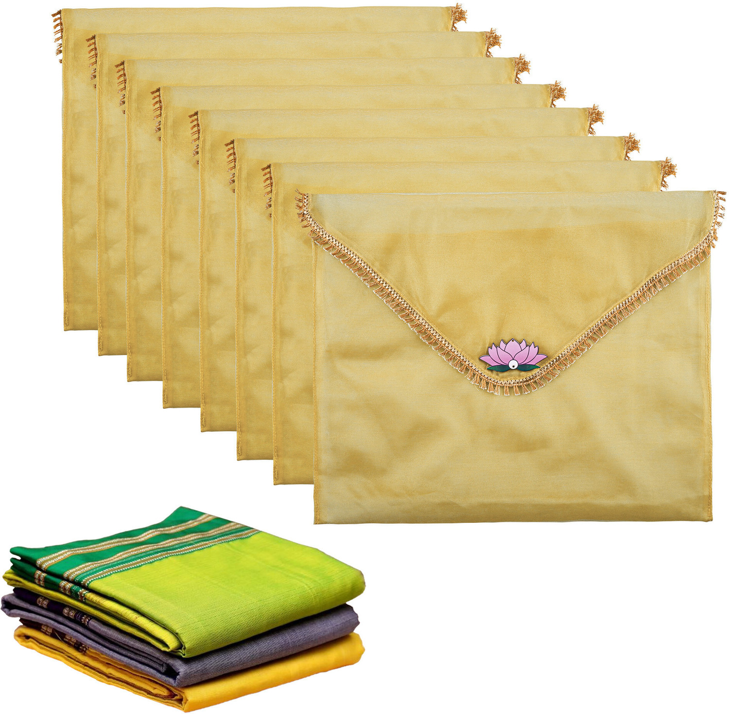 Image of KUBER INDUSTRIES Garment Covers 8 Pcs Organza Saree Covers for Gifting with Flap Closure | Golden Lace - Gold 112KM43587