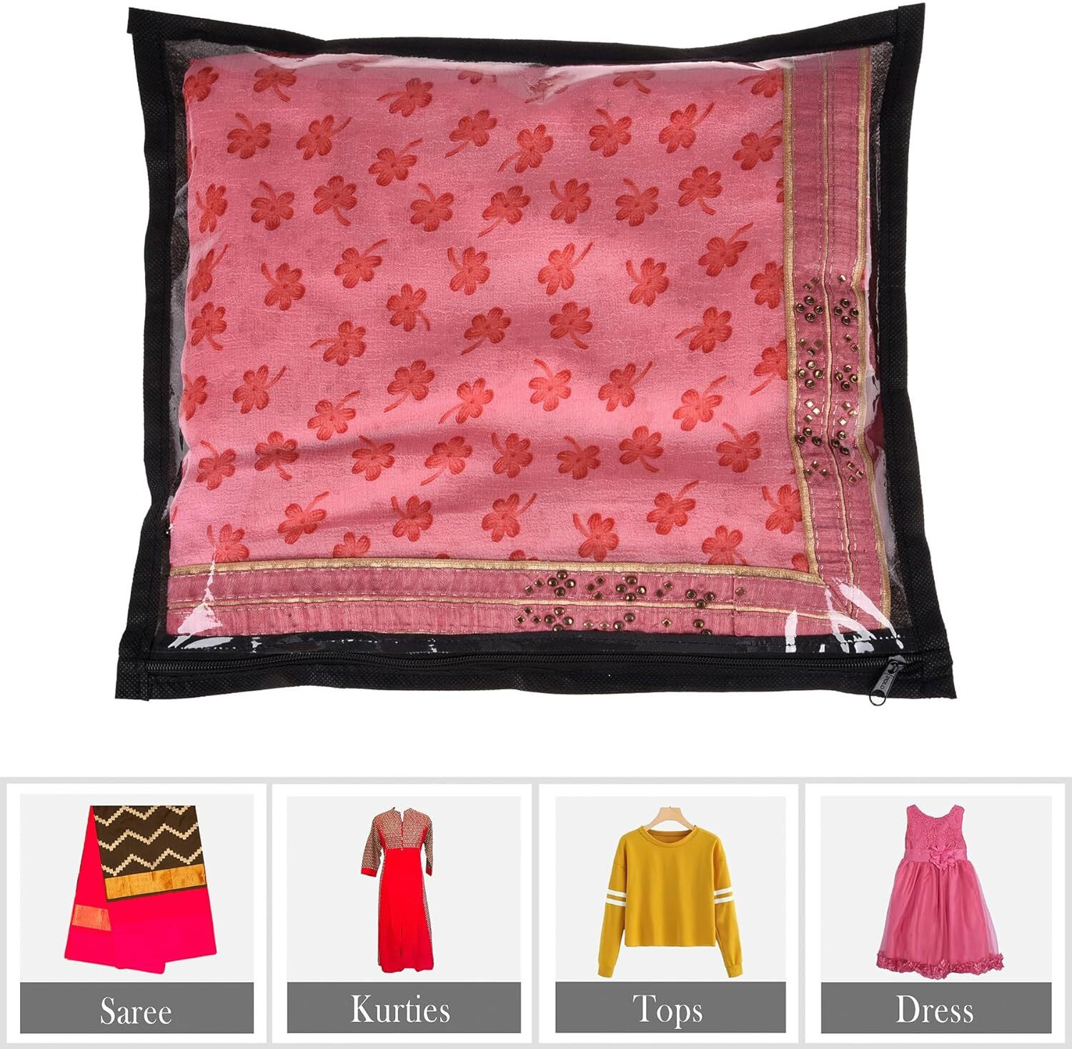 Image of HOMESTIC by Kuber Industries Saree Cover Plain Saree Cover With Zip Closure|Single Packing Bag|Pack of 12|Black 73HT12096