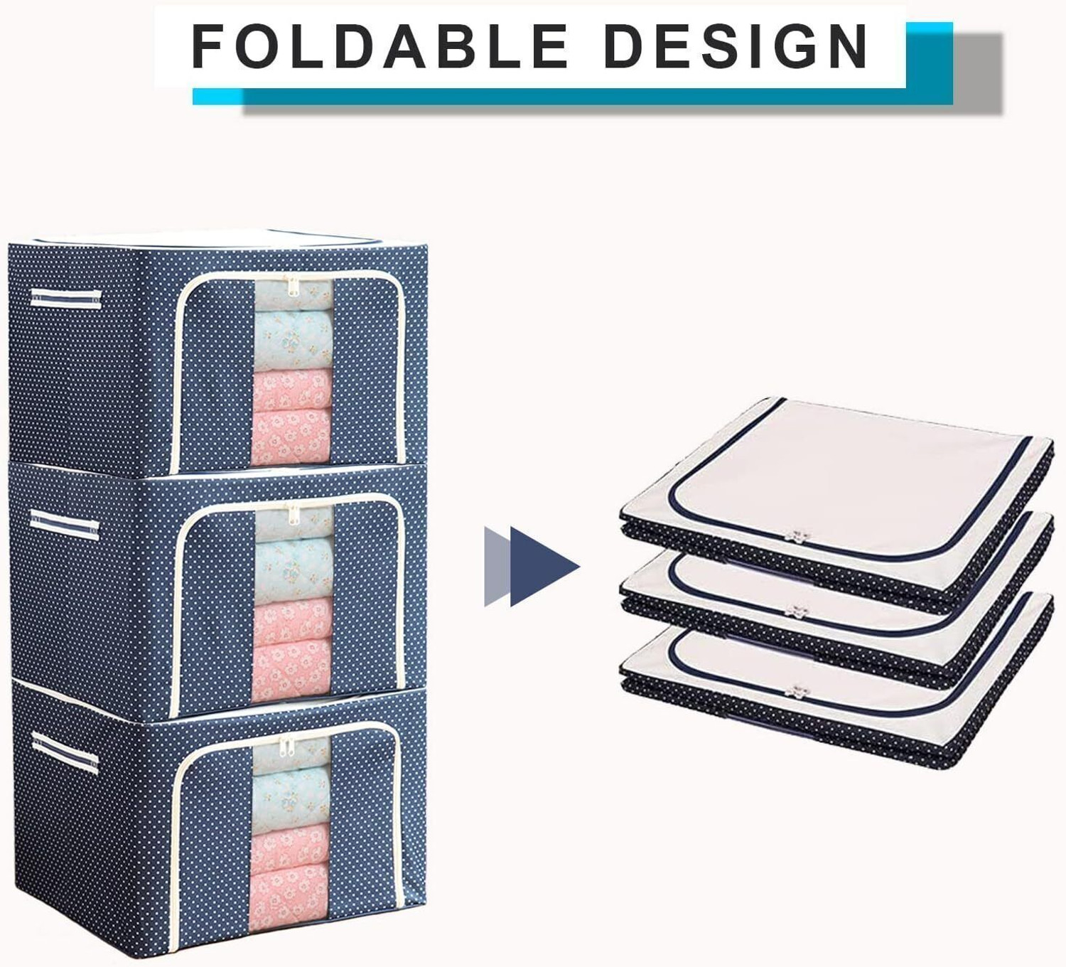 Image of NESTIFY Storage Box For Clothes PACK OF 3 Wardrobe Clothes Organizer 66 Liter Foldable Steel Frame Clothes Organizer Cloth Storage Box Organizer Box With Zipper,Clear Window and Handle Saree Cover Bag Clothes Storage Organizer