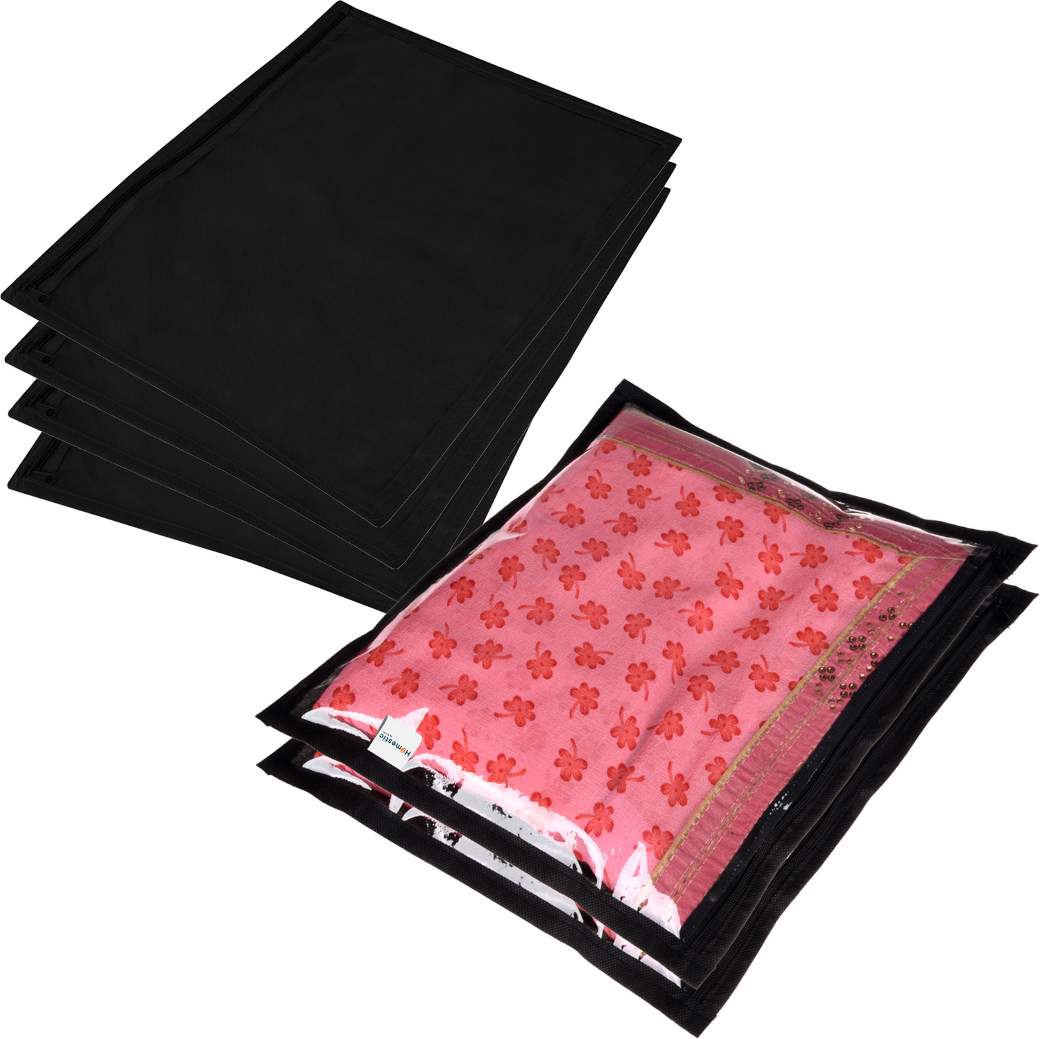 Image of HOMESTIC by Kuber Industries Saree Cover Plain Saree Cover With Zip Closure|Single Packing Bag|Pack of 6|Black 73HT12095