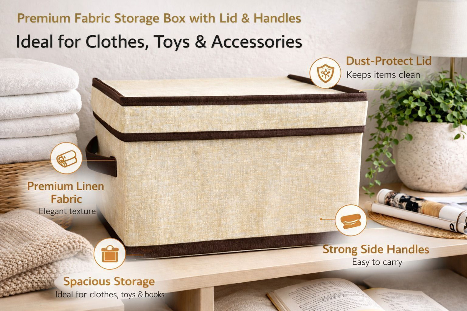 Image of crafty craft Multipurpose Foldable Fabric Storage Box with Lid & Handles for Clothes, Laundry, Towels Wardrobe and Home Storage Organizer Set of 4