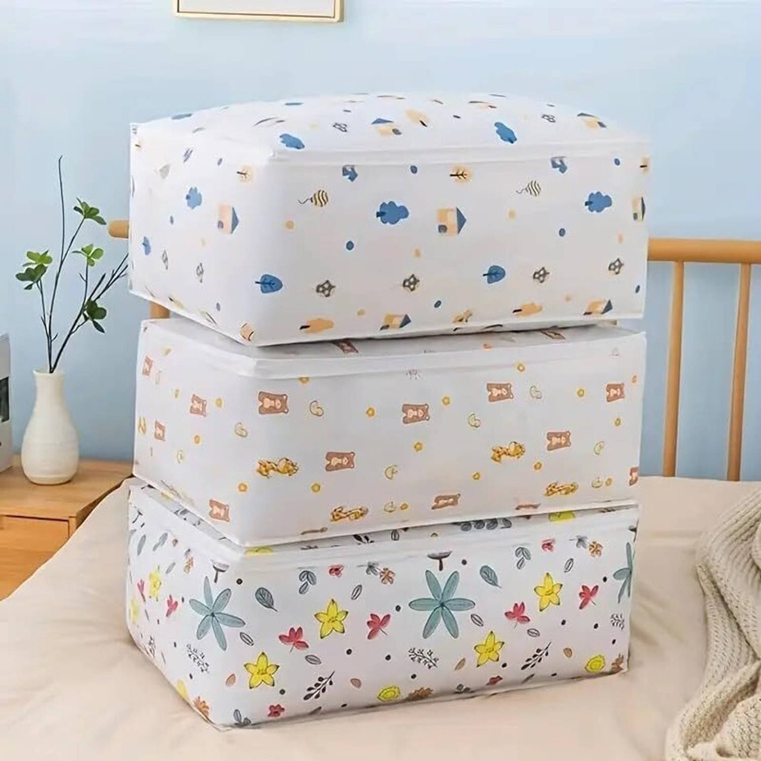 StayWay Waterproof Storage Bag Anti Dust Large Storage Bag Clothes Blanket Storage Sort Home Organizer Boxes for Wardrobe / Shirt / Saree Cover Bag Organiser Mesh Cloth Zipper Packing Bags for Moving, College Dorm 3 Piece