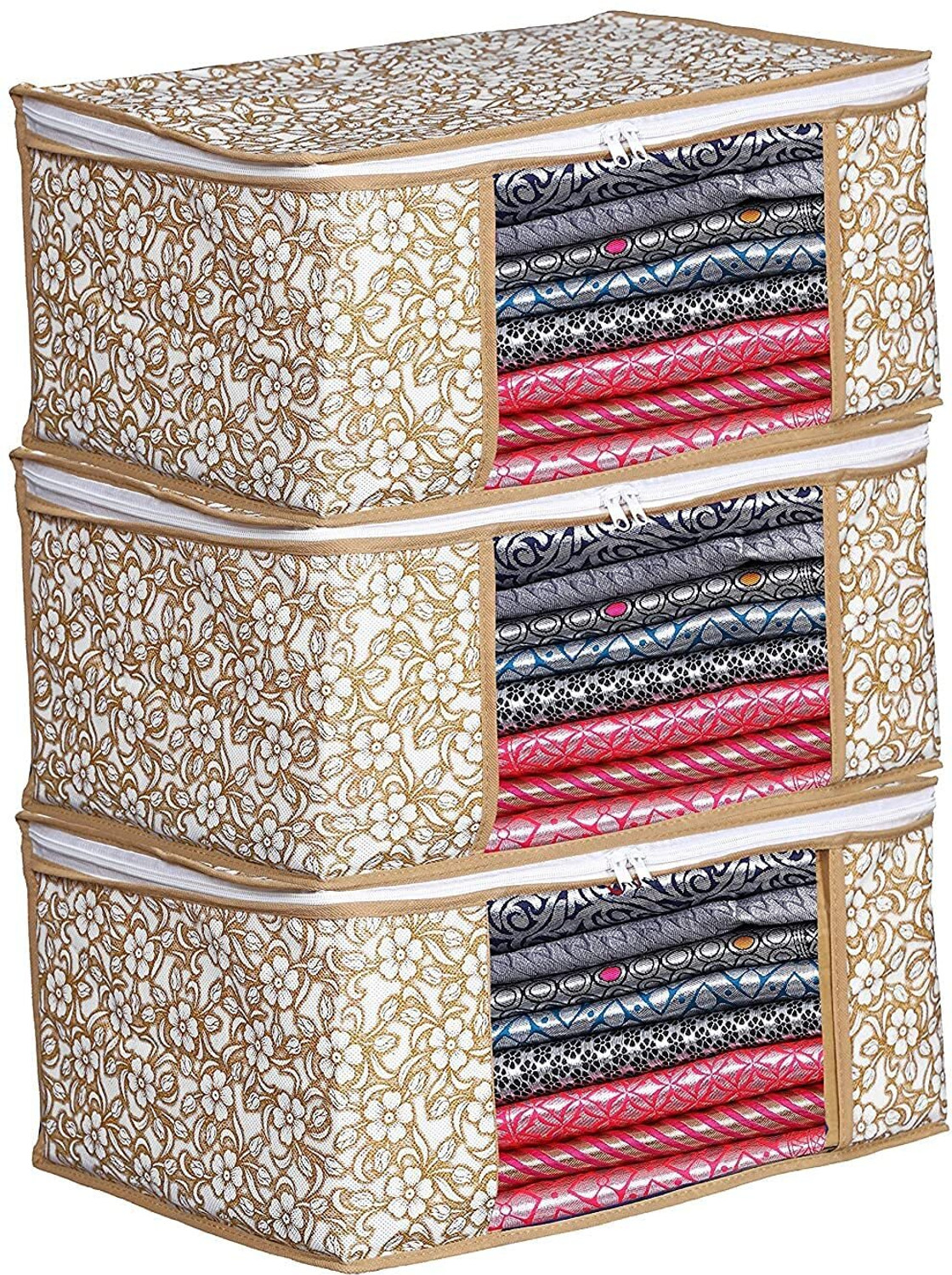 Image of Lonaxa Cloth storage box Pack of 3 Storage organizer Saree cover Storage bag Cloth bag Organizer box Saree Cloth organiser for wardrobe Packing bags Travel organizer Space saver bag