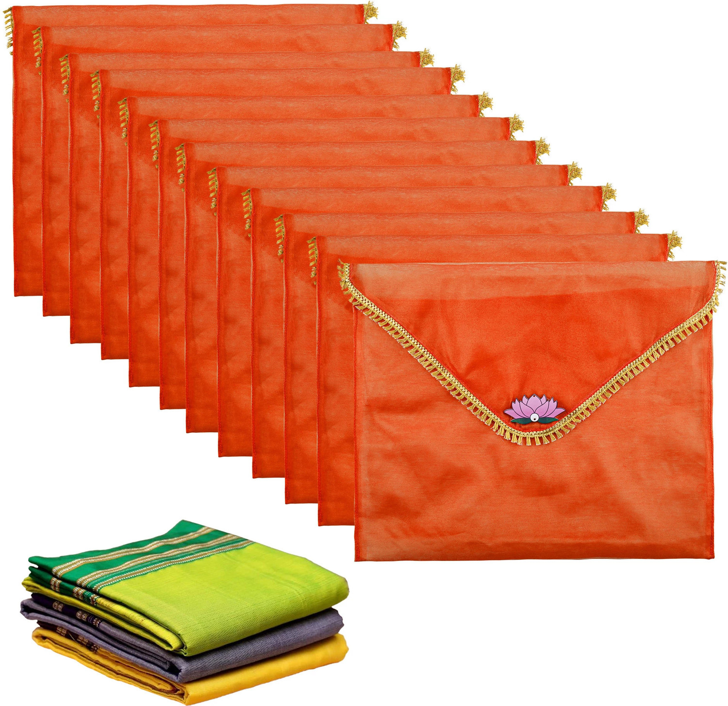 Image of KUBER INDUSTRIES Garment Covers 12 Pcs Organza Saree Covers for Gifting with Flap Closure | Golden Lace - Orange 112KM43565